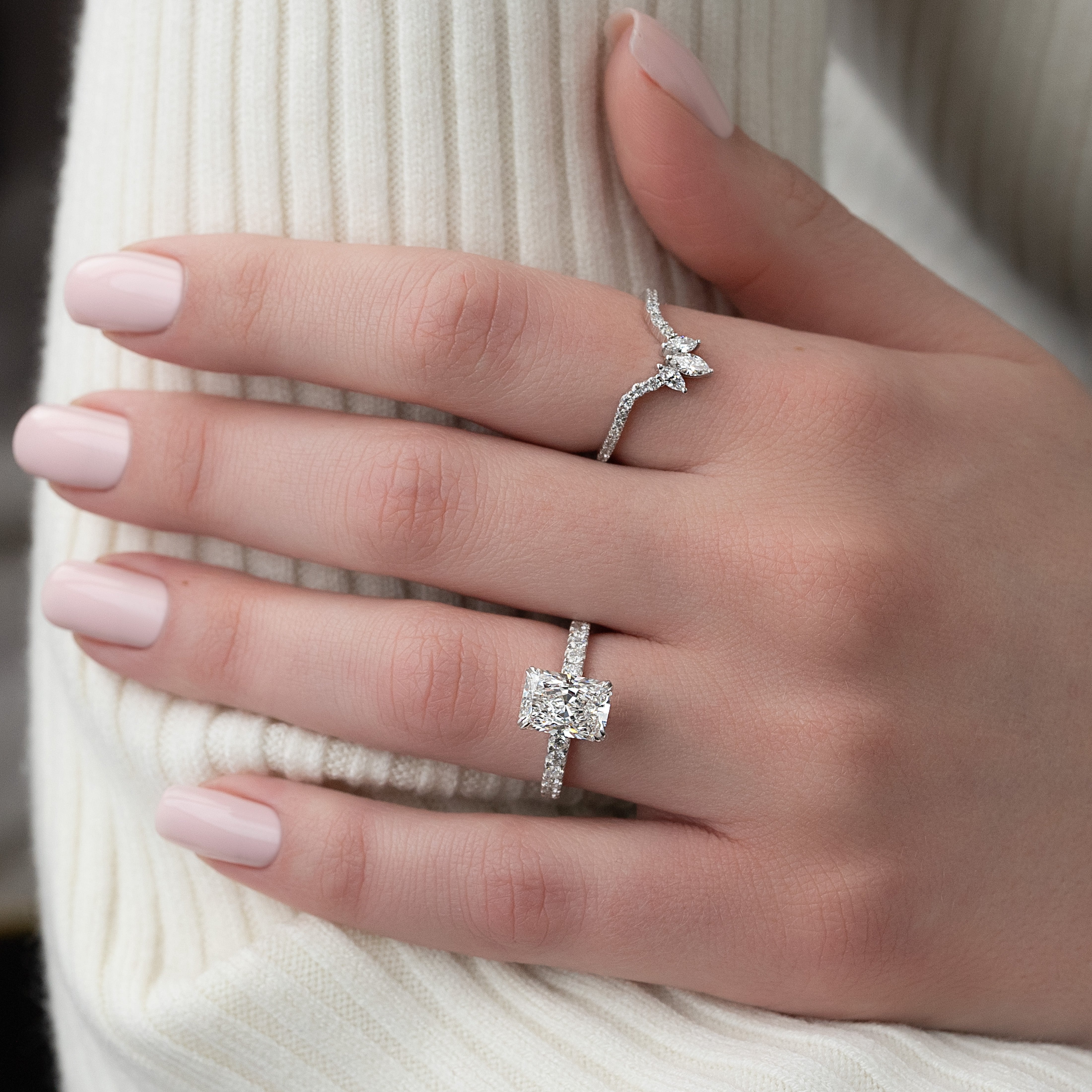 Radiant cut CVD diamond engagement ring with hidden halo and pave setting