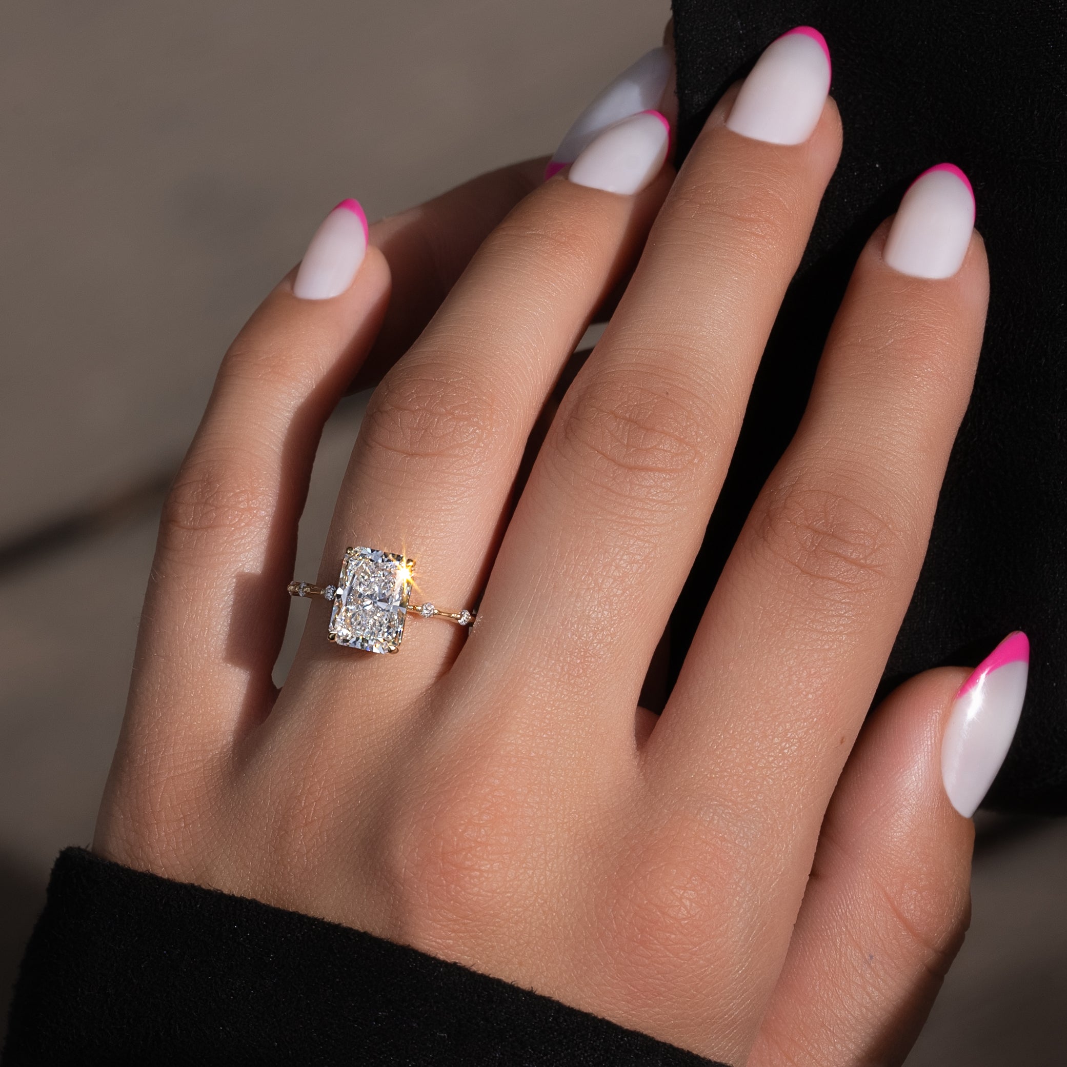 Radiant cut CVD diamond dainty engagement ring in slim white gold band setting