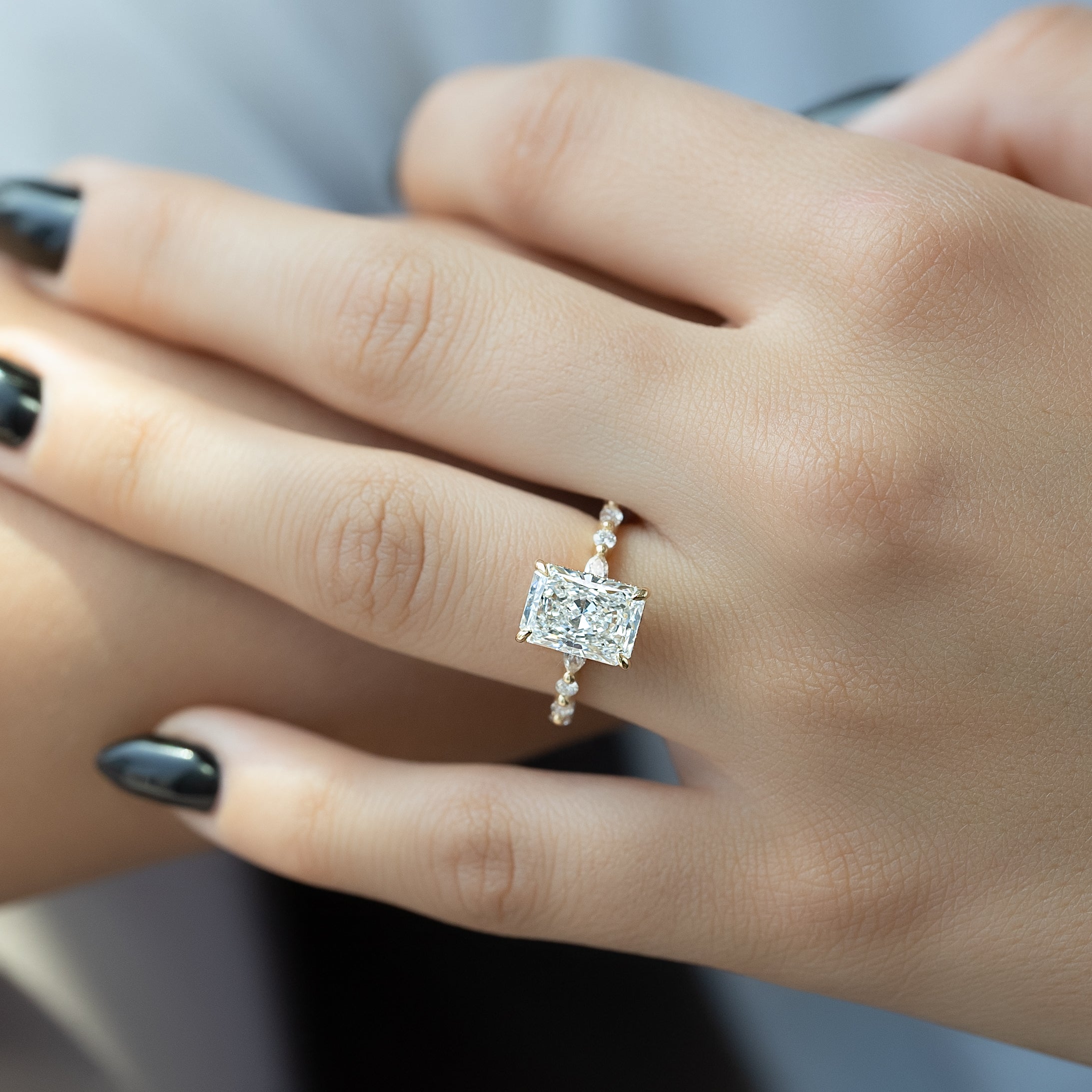 Radiant cut CVD diamond engagement ring with hidden halo and pave setting for a sparkling modern bridal style
