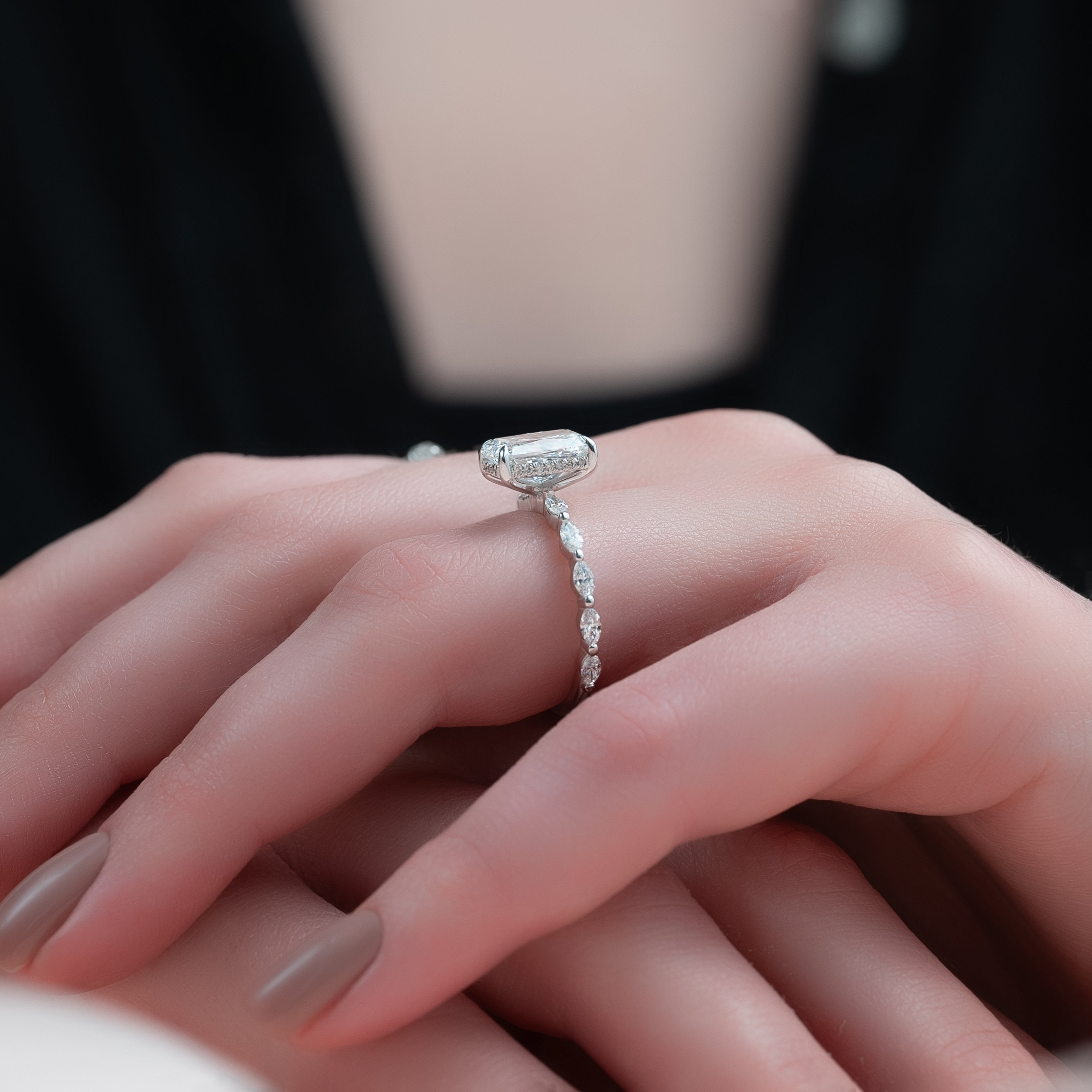 Radiant cut CVD diamond engagement ring with hidden halo and pave band in elegant solitaire-inspired style