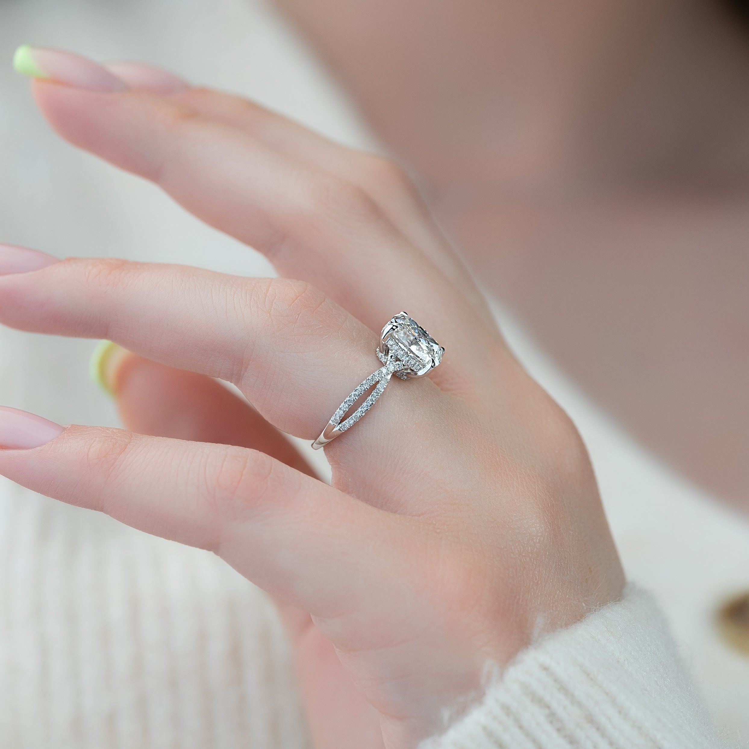 2.0 - 4.0 CT Elongated Cushion Cut CVD Diamond Twisted Pave Style Engagement Ring