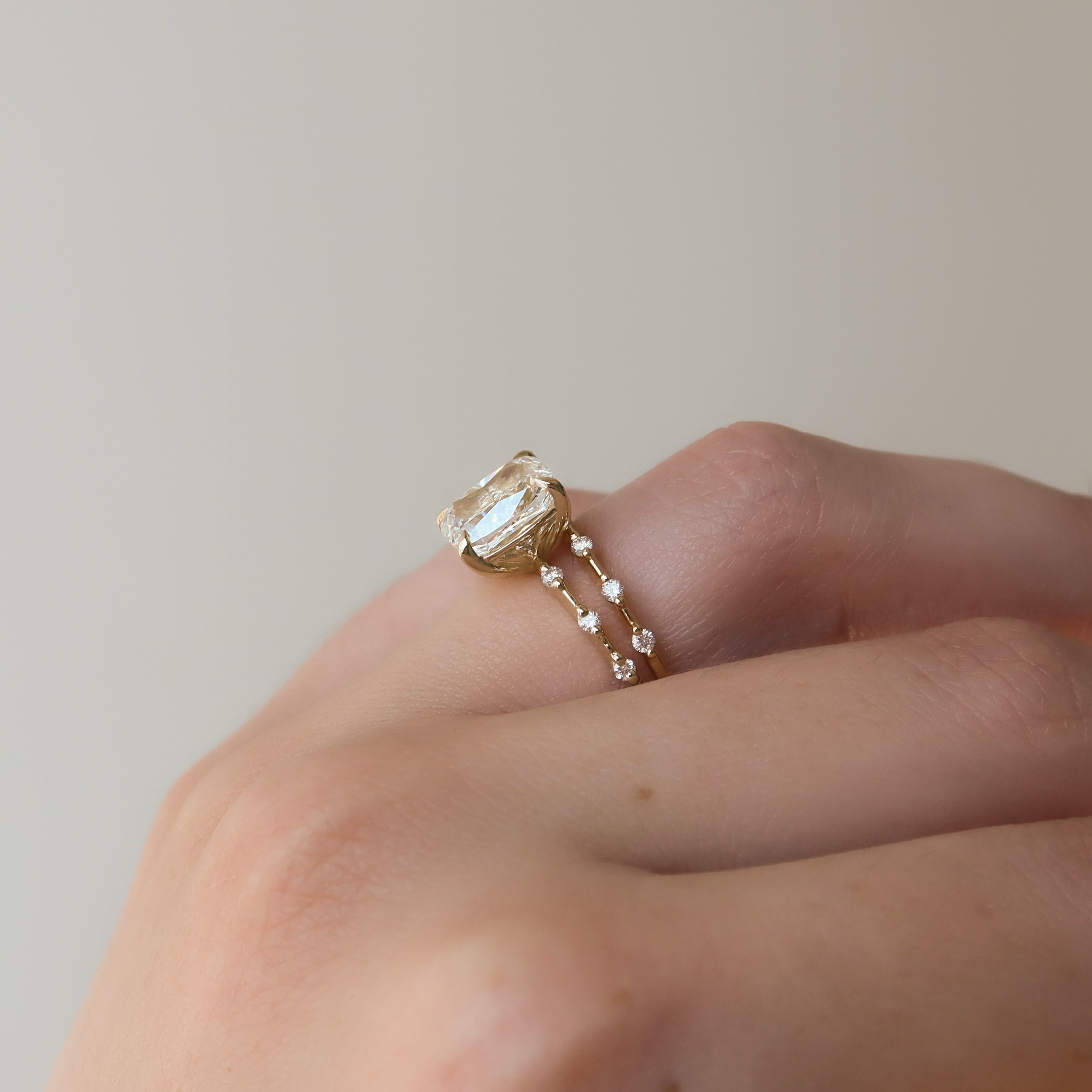 Elongated cushion cut CVD diamond dainty engagement ring with delicate band