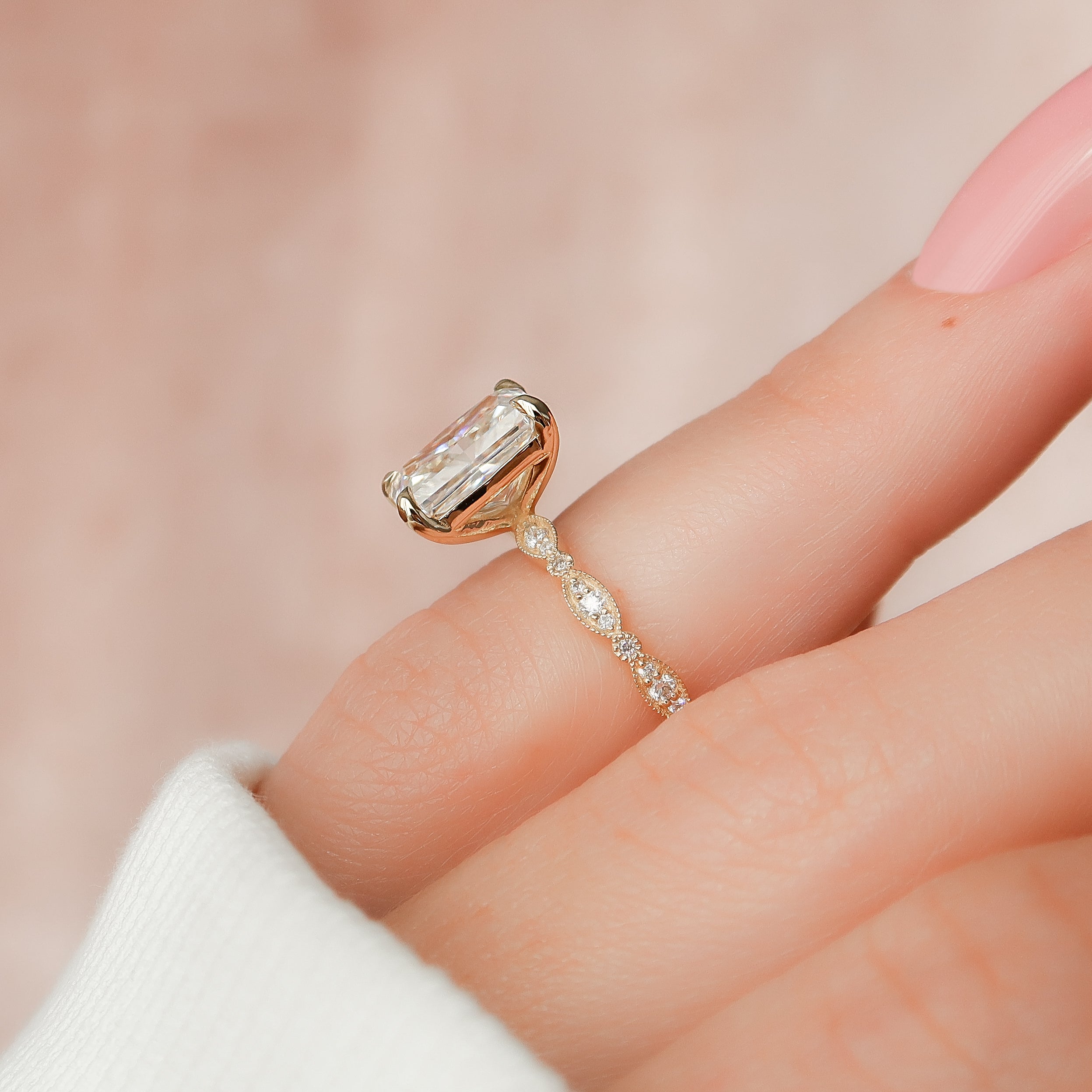 Radiant cut CVD diamond vintage style engagement ring with detailed band design