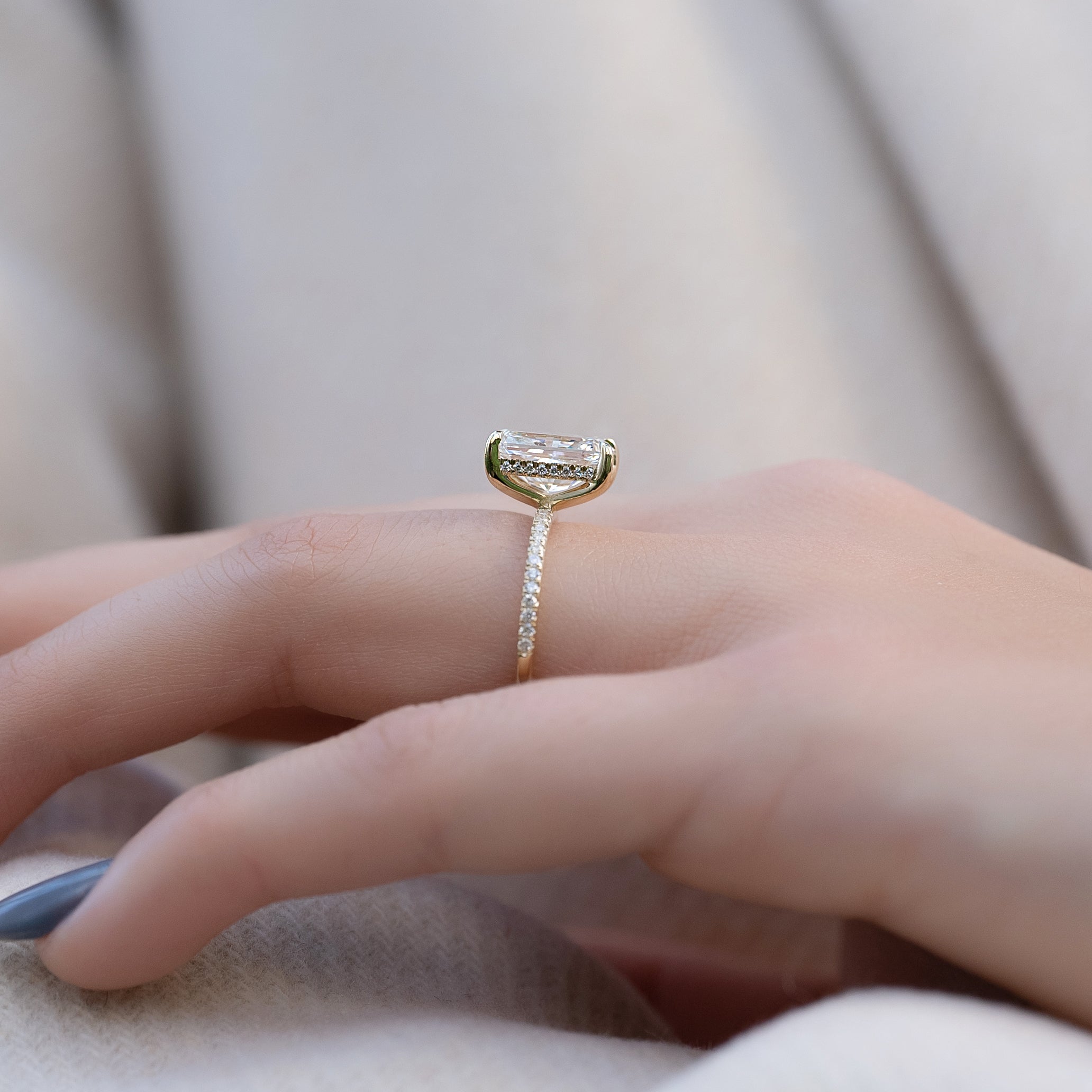 Radiant cut CVD diamond engagement ring with hidden halo and pave diamond band in white gold