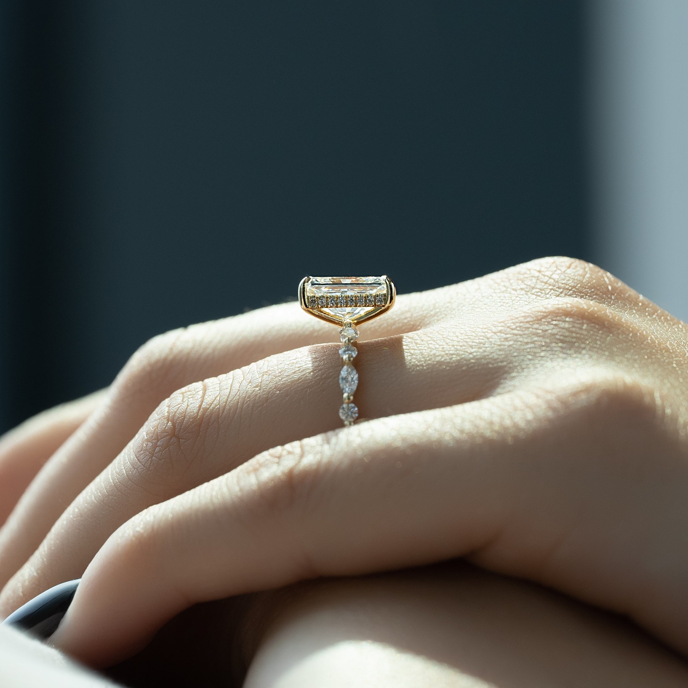 Radiant cut CVD diamond engagement ring with hidden halo and pave setting for a sparkling modern bridal style