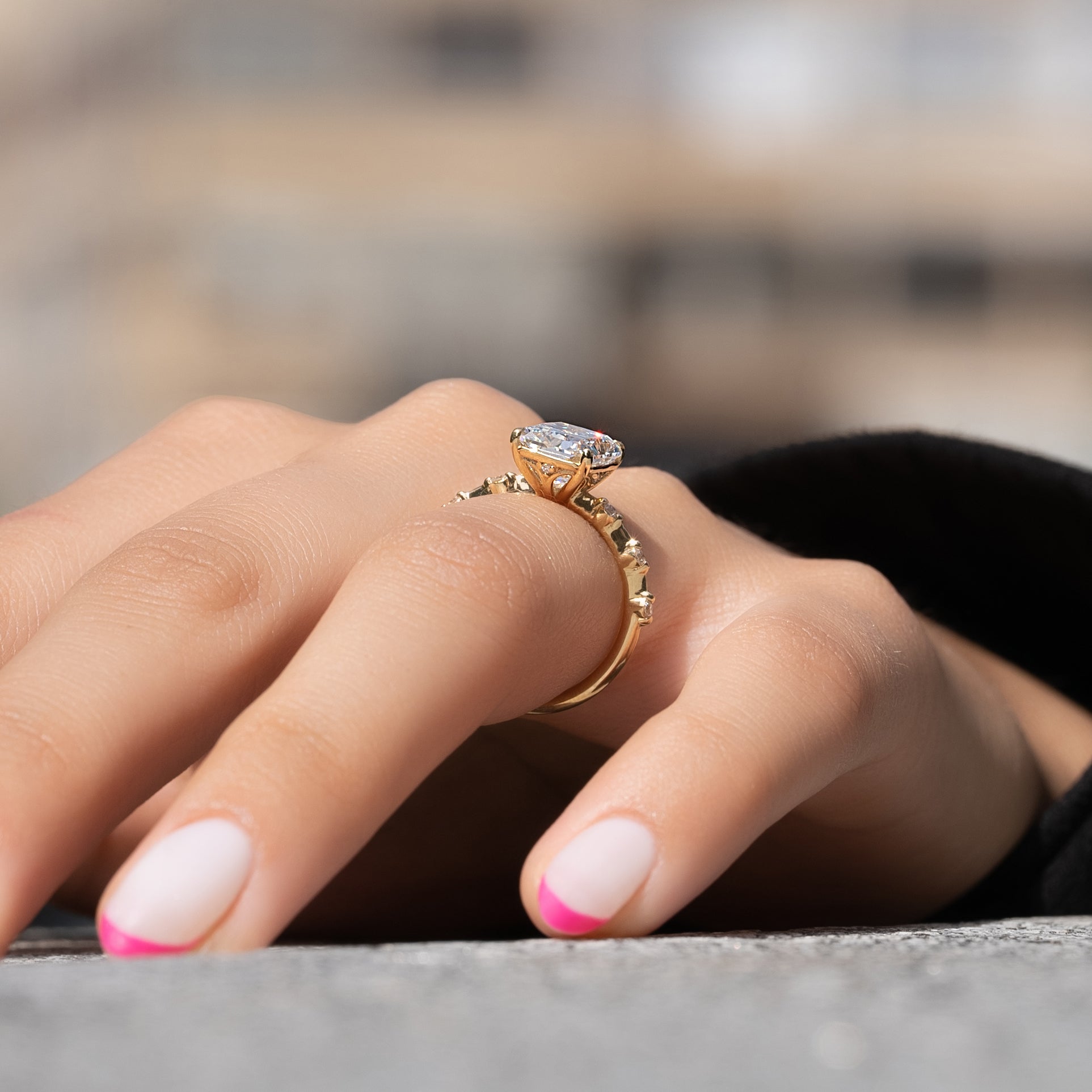 Radiant cut CVD diamond dainty engagement ring in slim white gold band setting