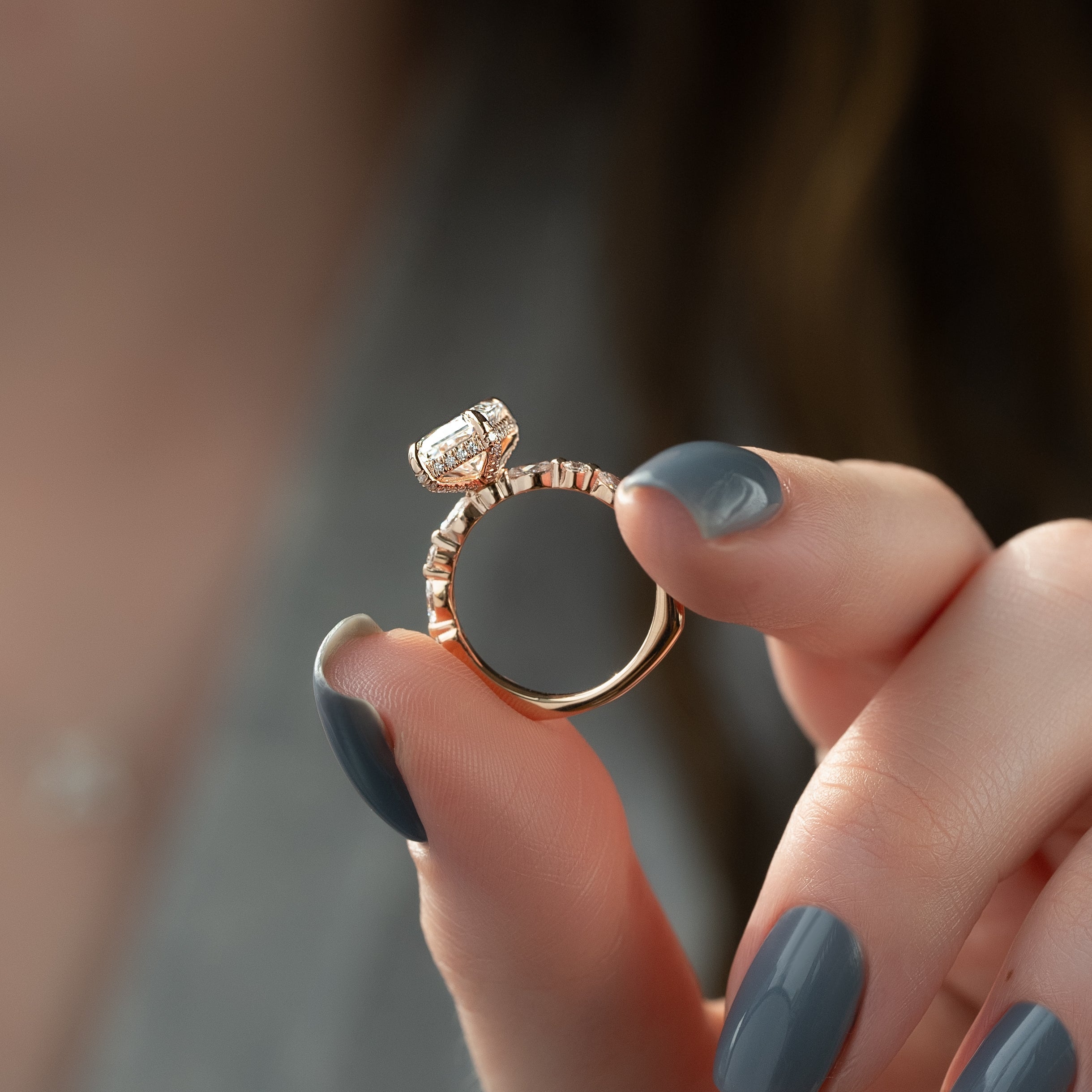 Radiant cut CVD diamond engagement ring with hidden halo and pave setting for a sparkling modern bridal style