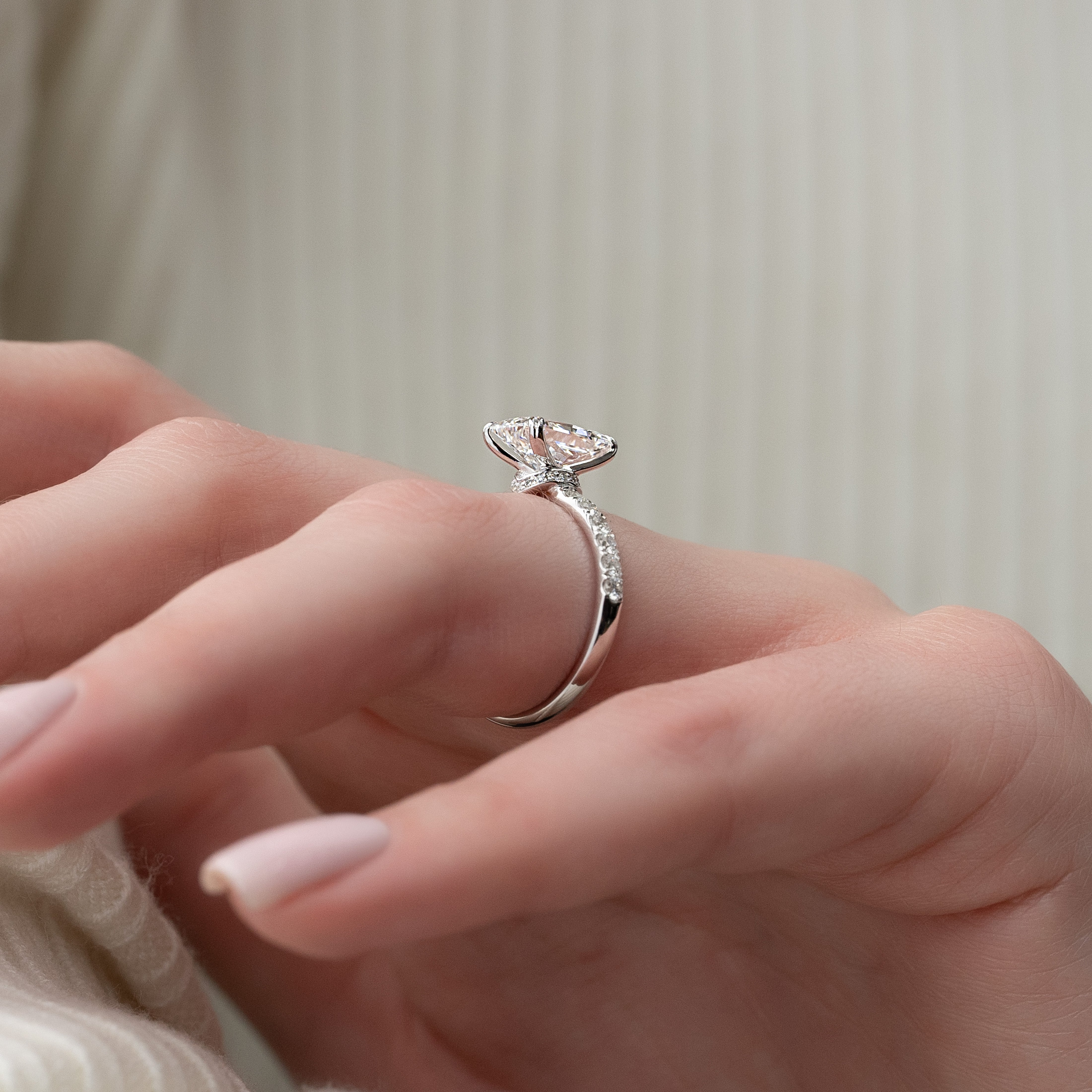 Radiant cut CVD diamond engagement ring with hidden halo and pave setting