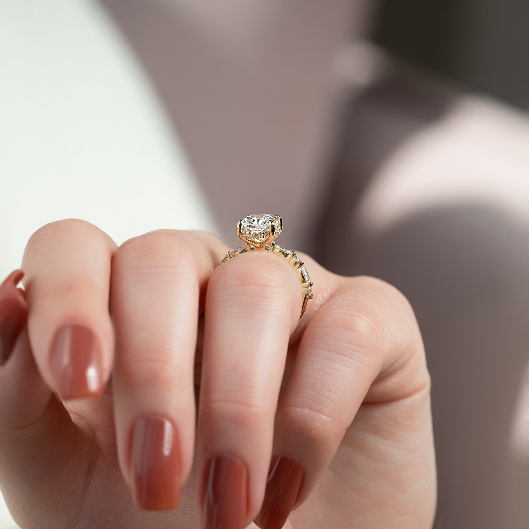 Elongated cushion cut CVD diamond hidden halo engagement ring with pave band in white gold