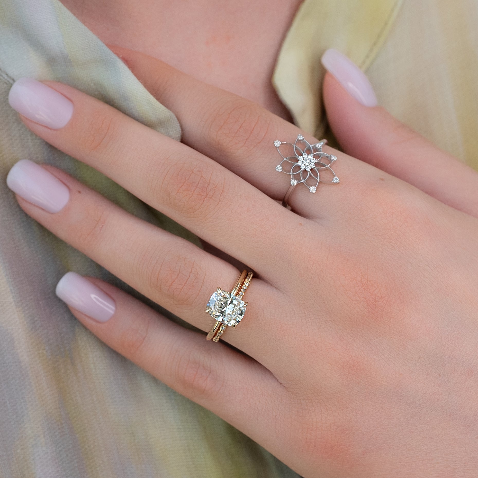 Elongated cushion cut CVD diamond engagement ring with hidden halo setting in white gold