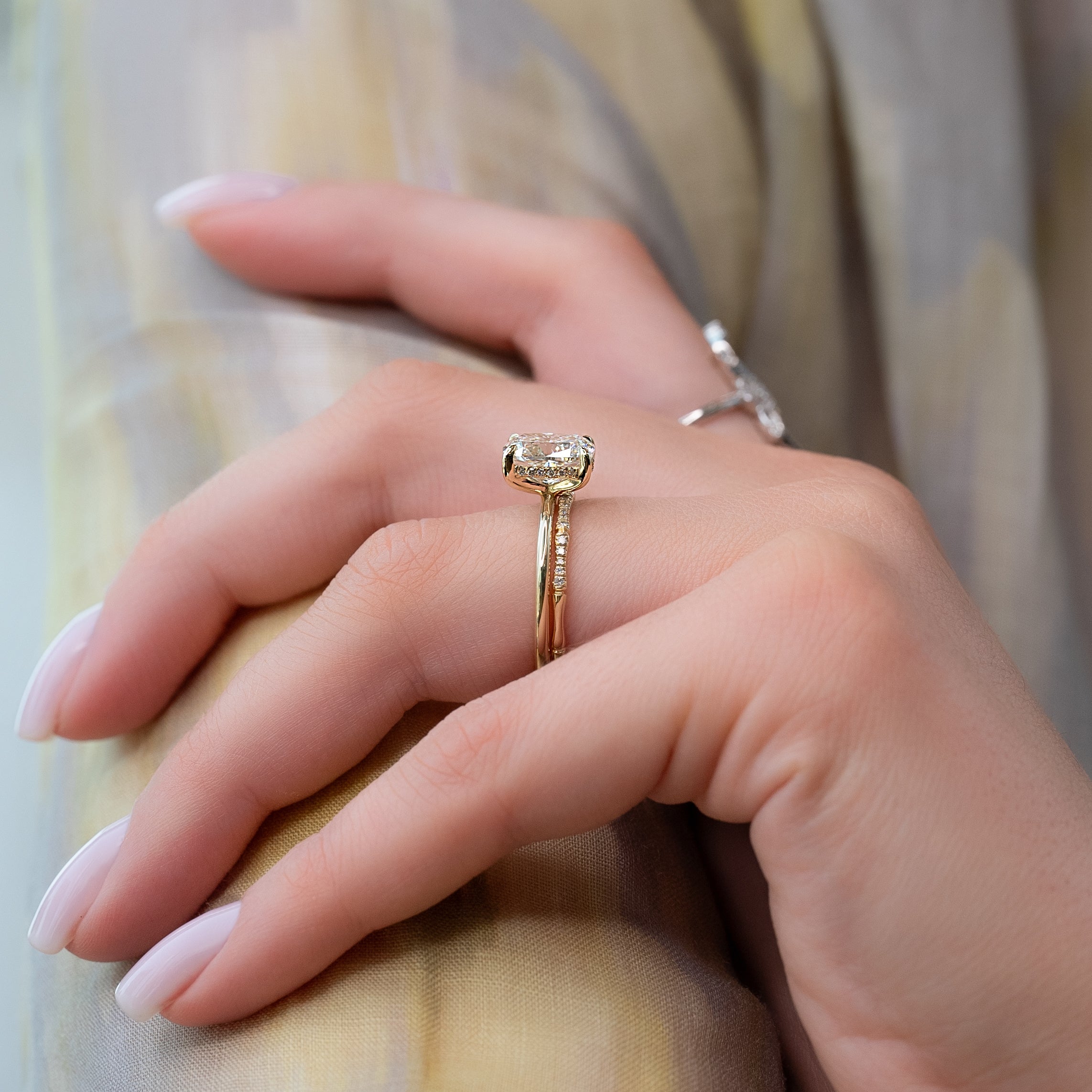 Elongated cushion cut CVD diamond engagement ring with hidden halo setting in white gold