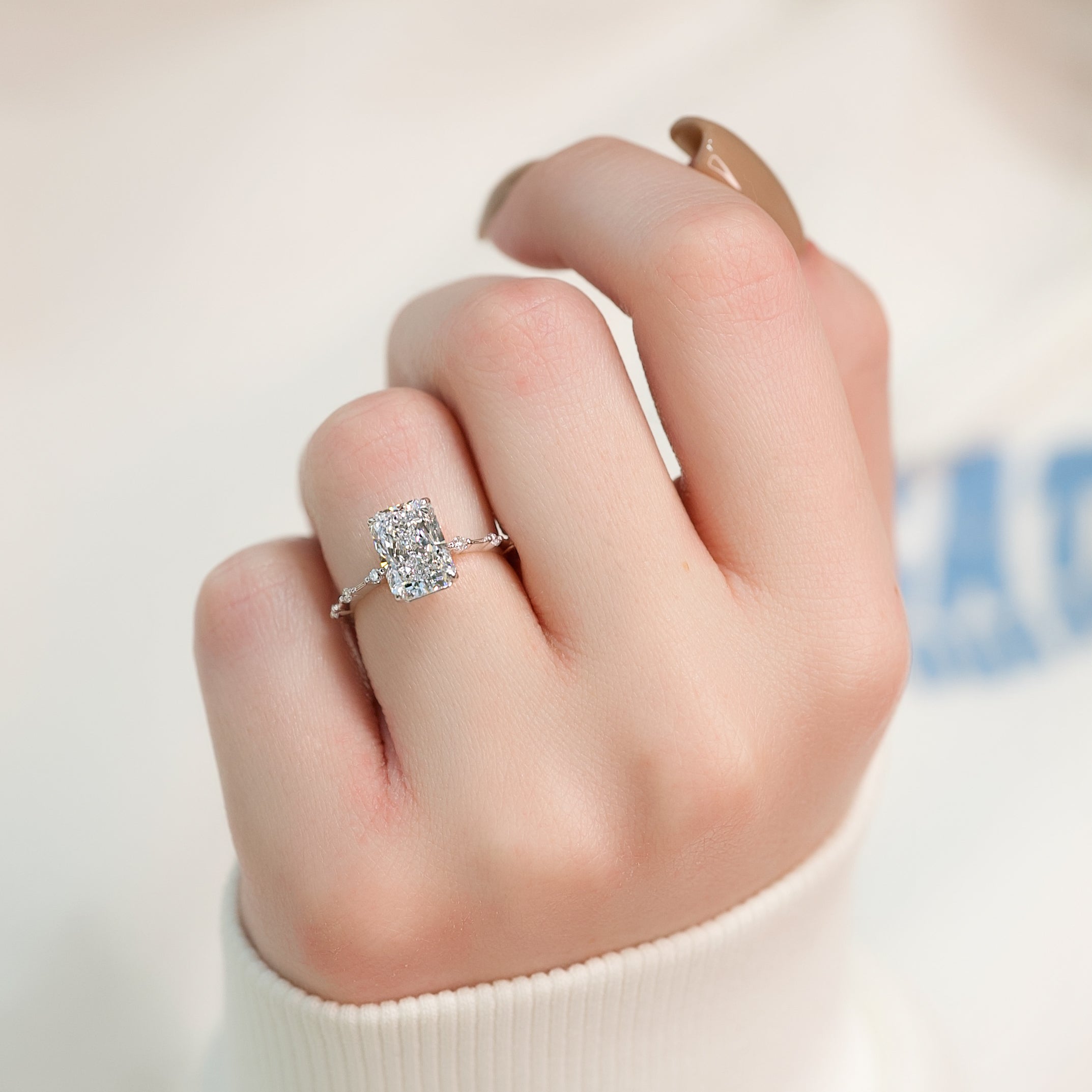 Radiant cut CVD diamond dainty engagement ring in slim white gold band setting