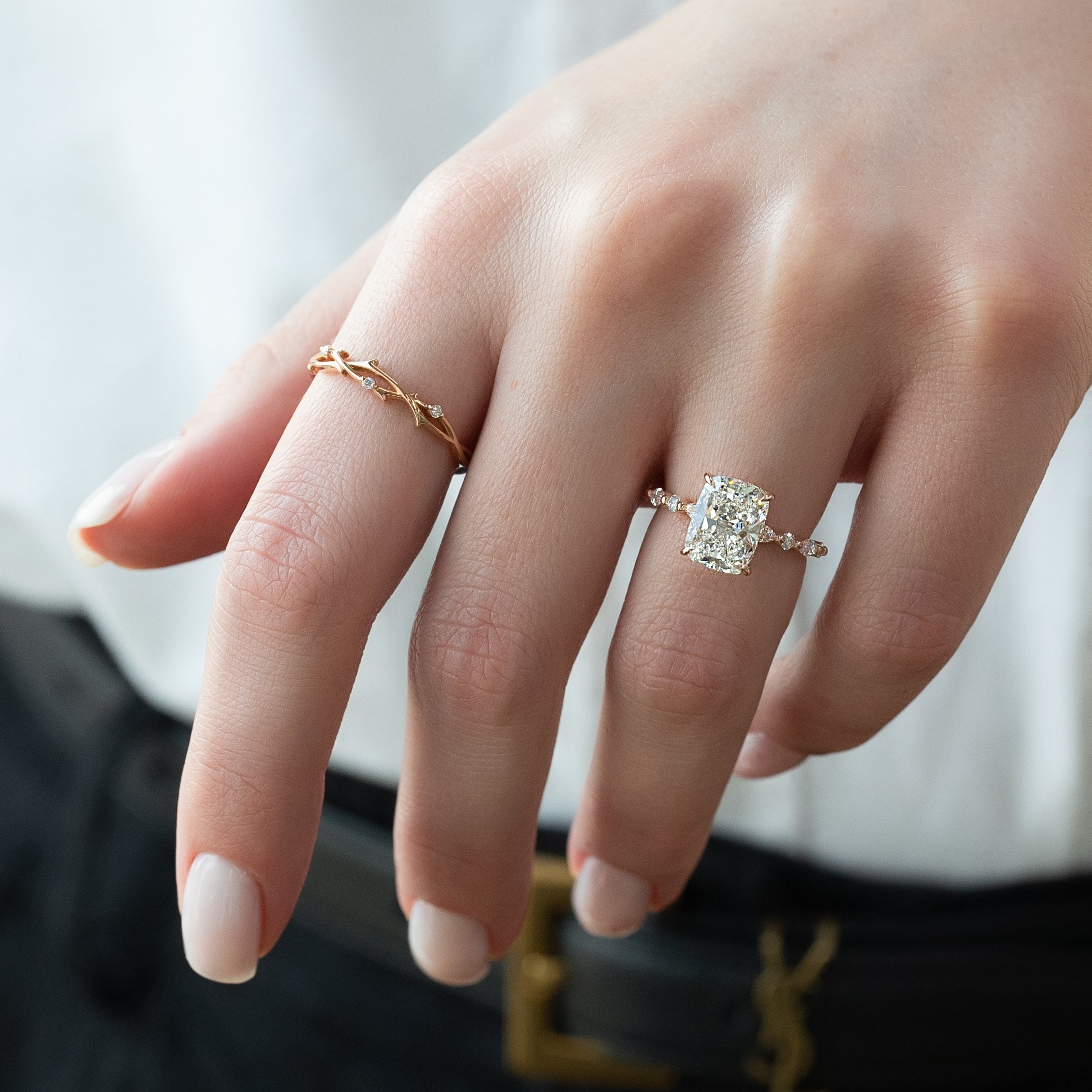 Elongated cushion cut CVD diamond hidden halo engagement ring with pave band in white gold