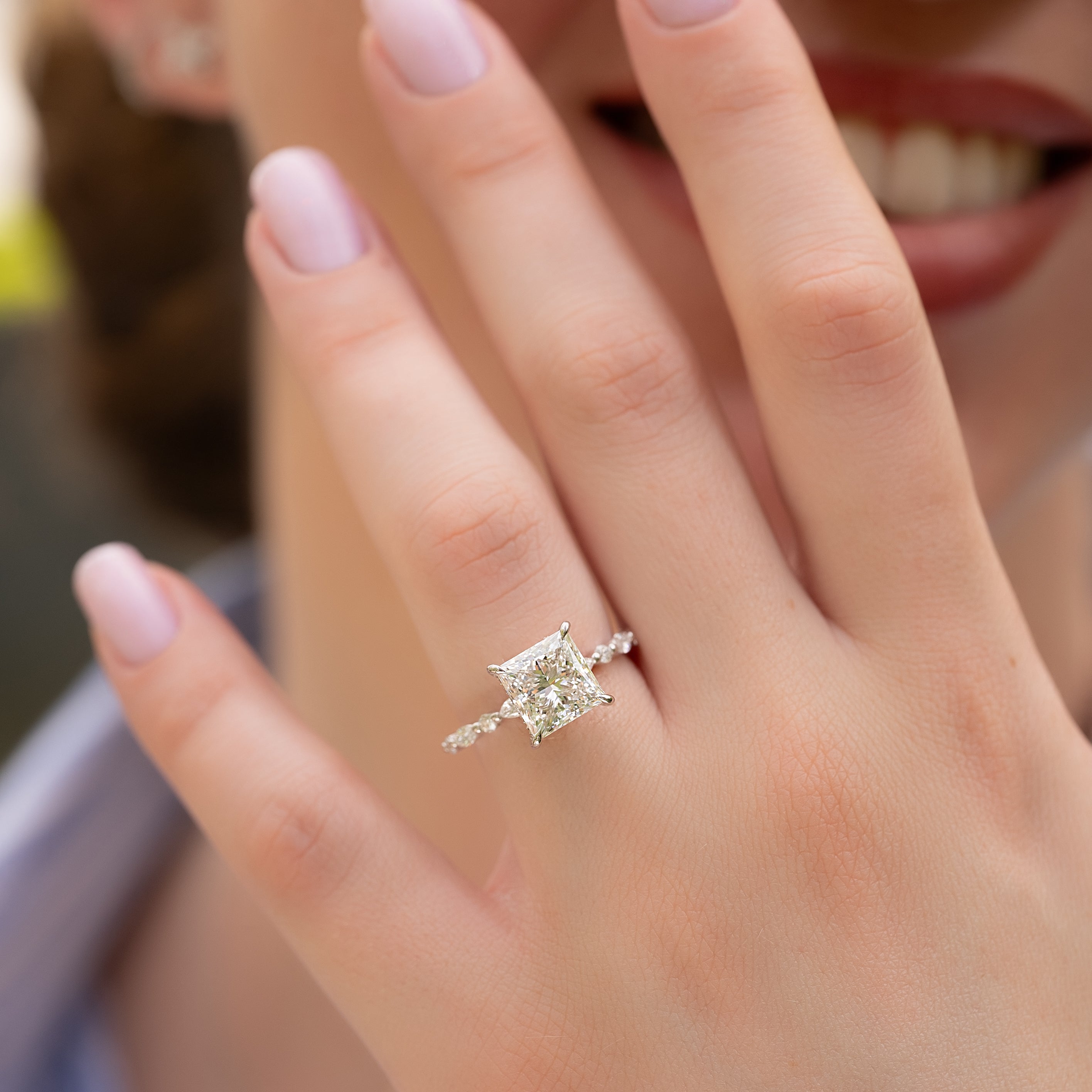 Princess cut CVD diamond engagement ring with hidden halo and pave diamond band in white gold