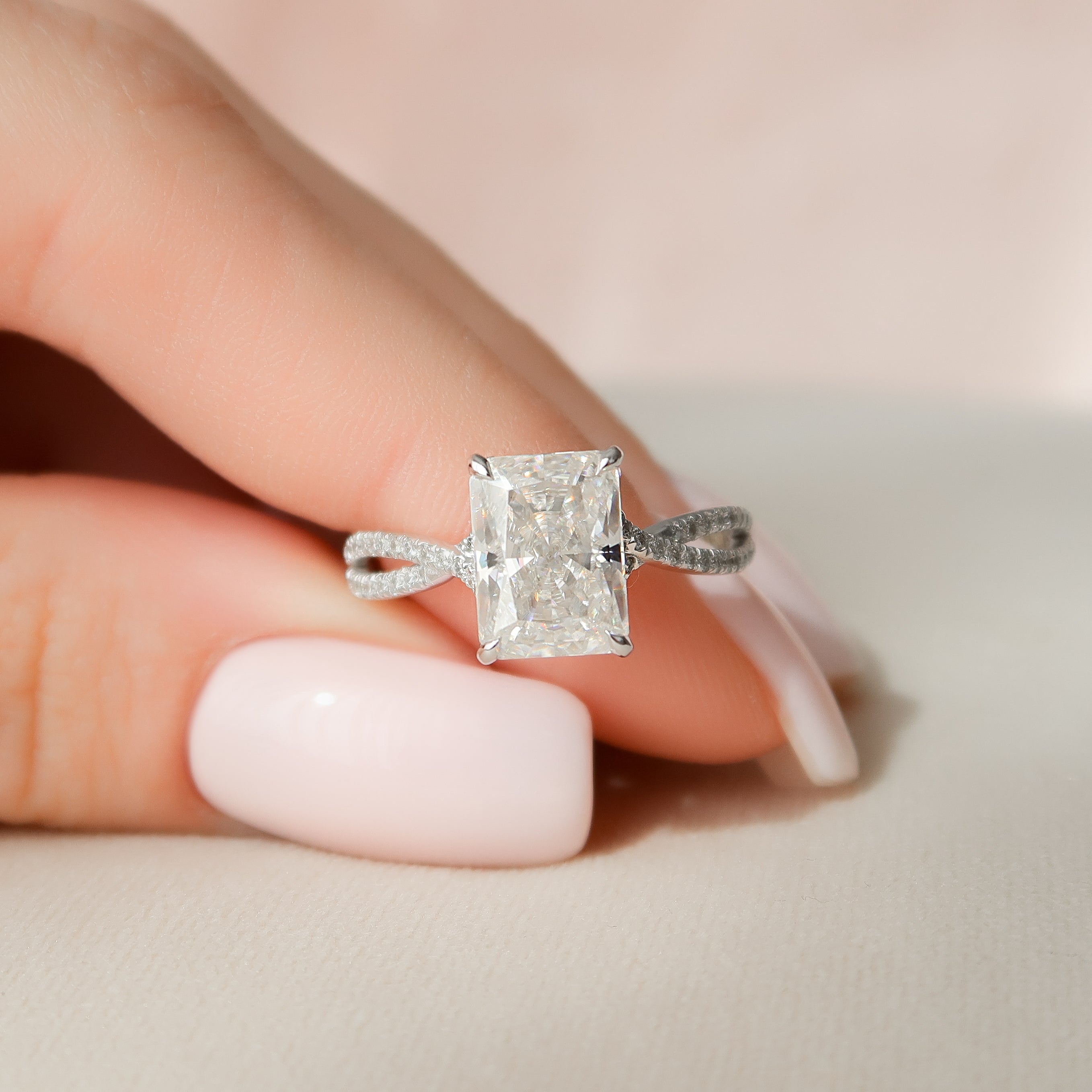 2.0 - 4.0 CT Radiant Cut CVD Diamond Twisted & Hidden Halo Engagement Ring