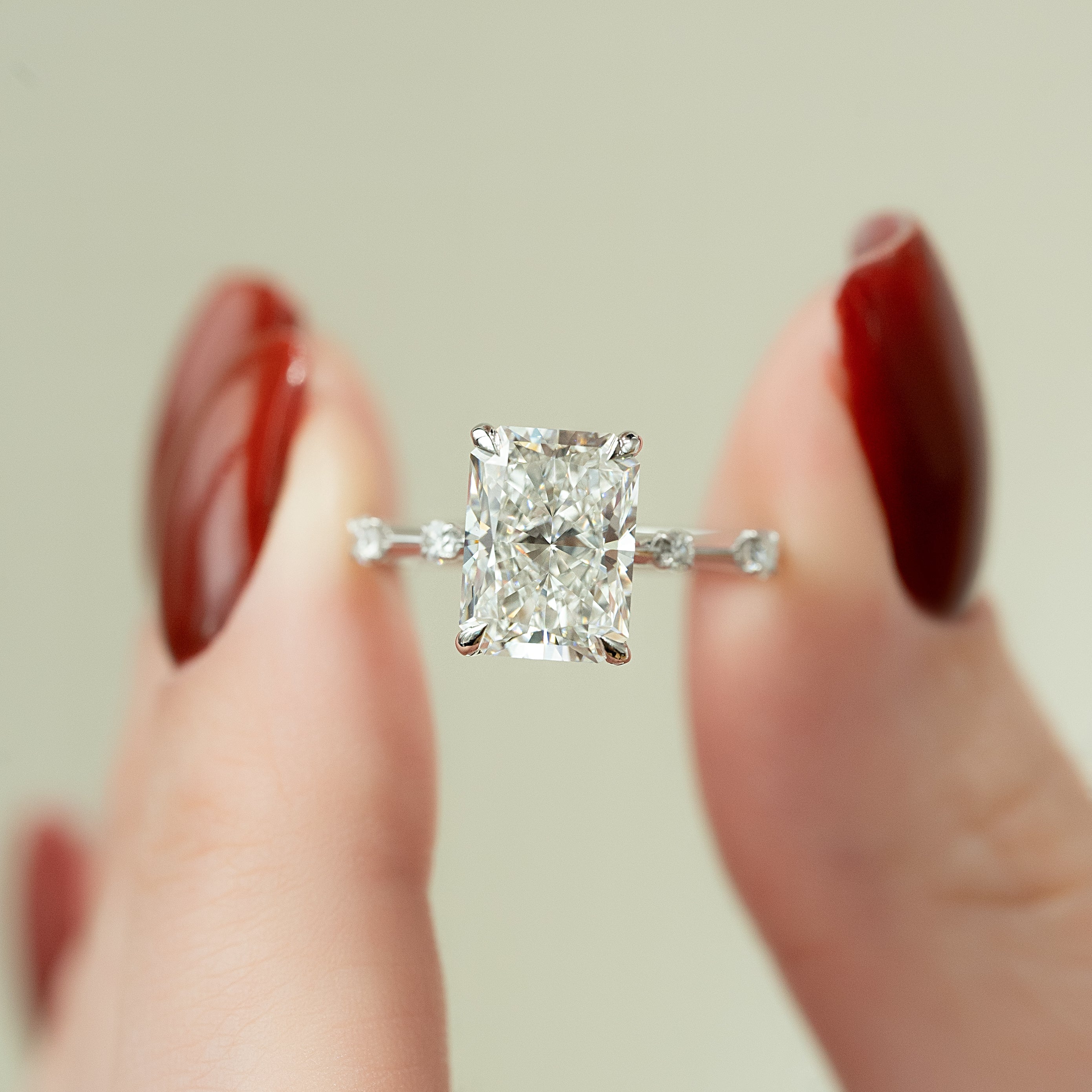 Radiant cut moissanite dainty engagement ring in platinum setting, 2.0-4.0 CT