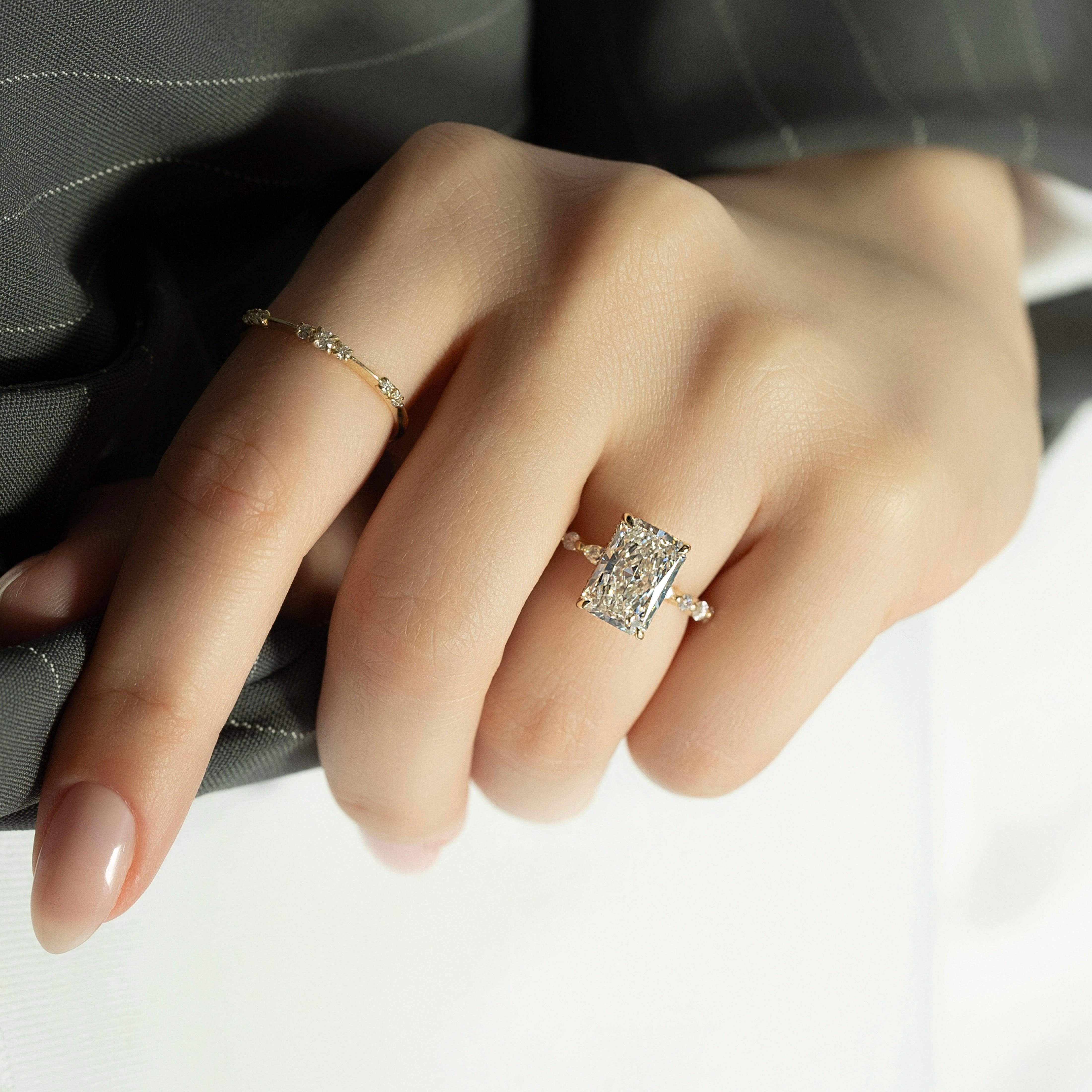 Radiant cut CVD diamond engagement ring with hidden halo and pave setting for a sparkling modern bridal style