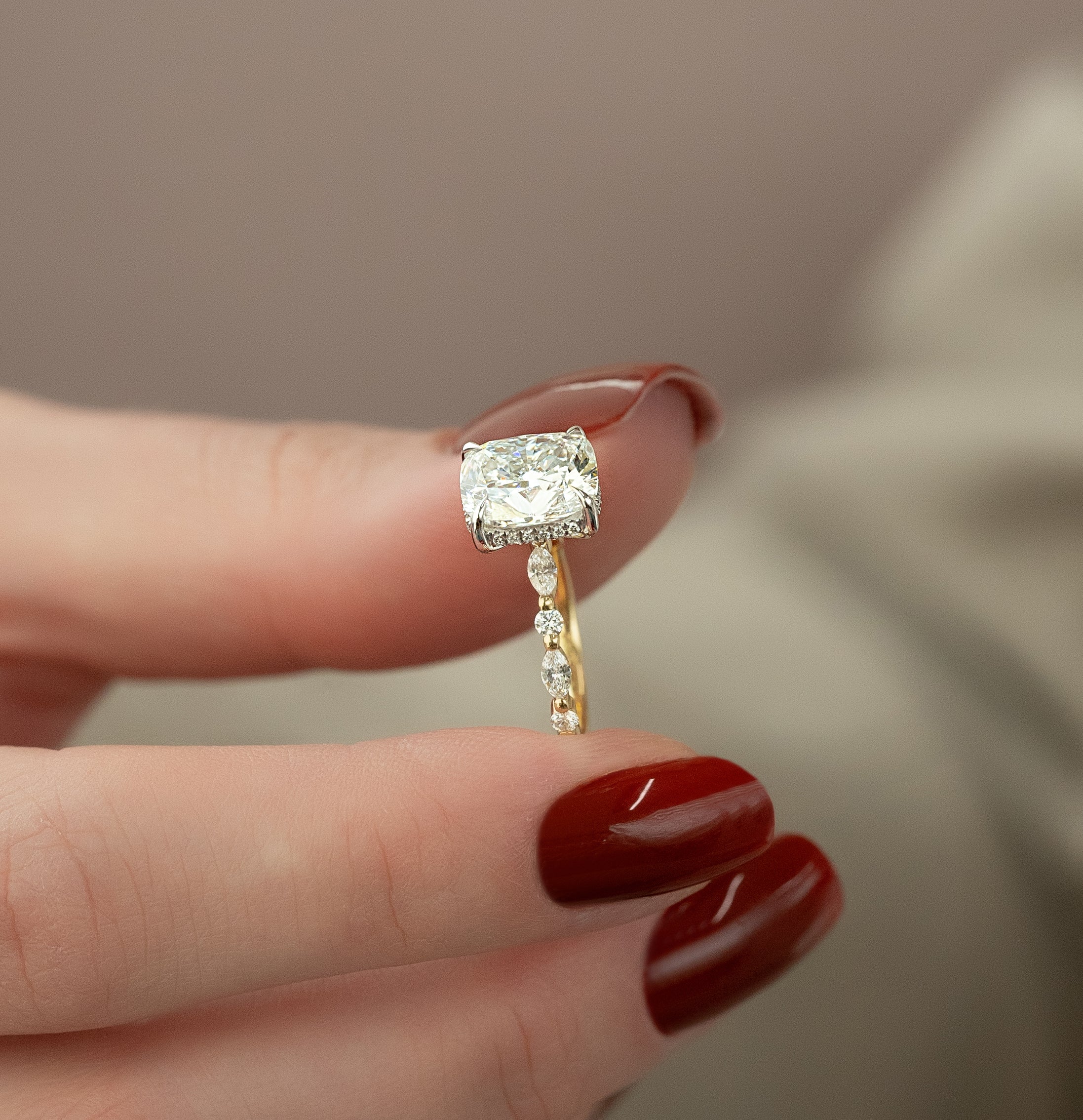 Elongated cushion cut CVD diamond hidden halo engagement ring with pave band in white gold