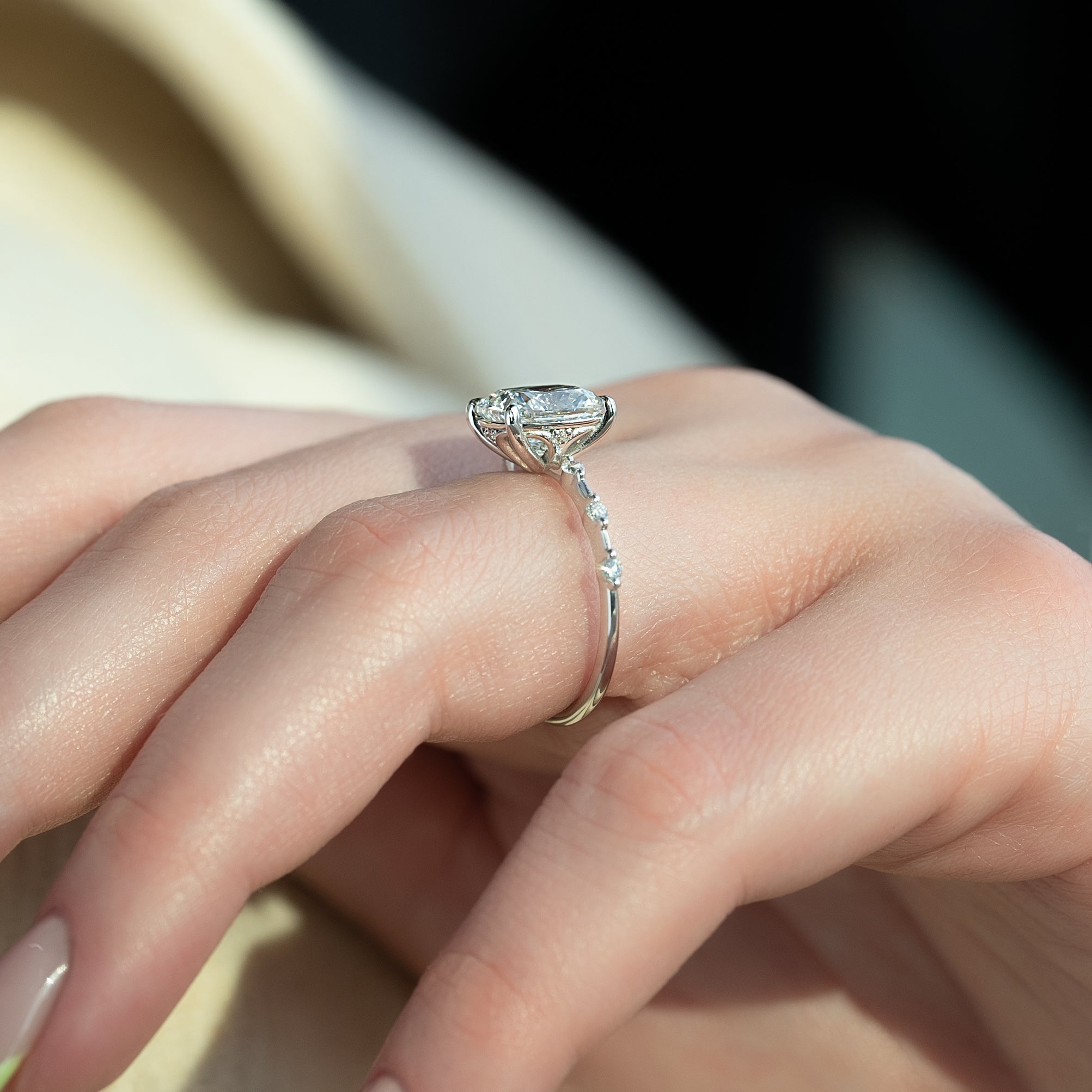 Elongated cushion cut CVD diamond dainty engagement ring with delicate band