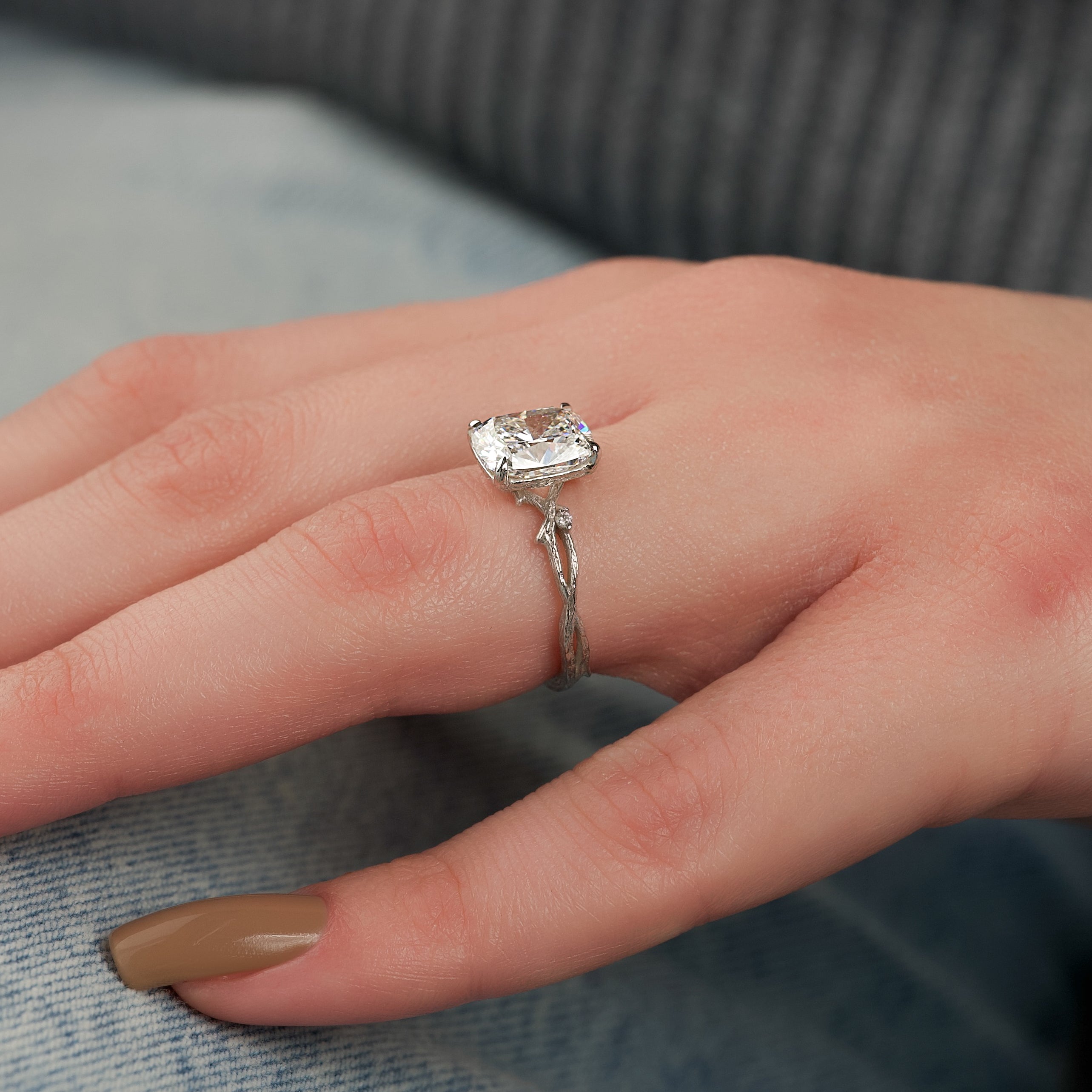 Elongated cushion cut CVD diamond engagement ring with twig-style band design