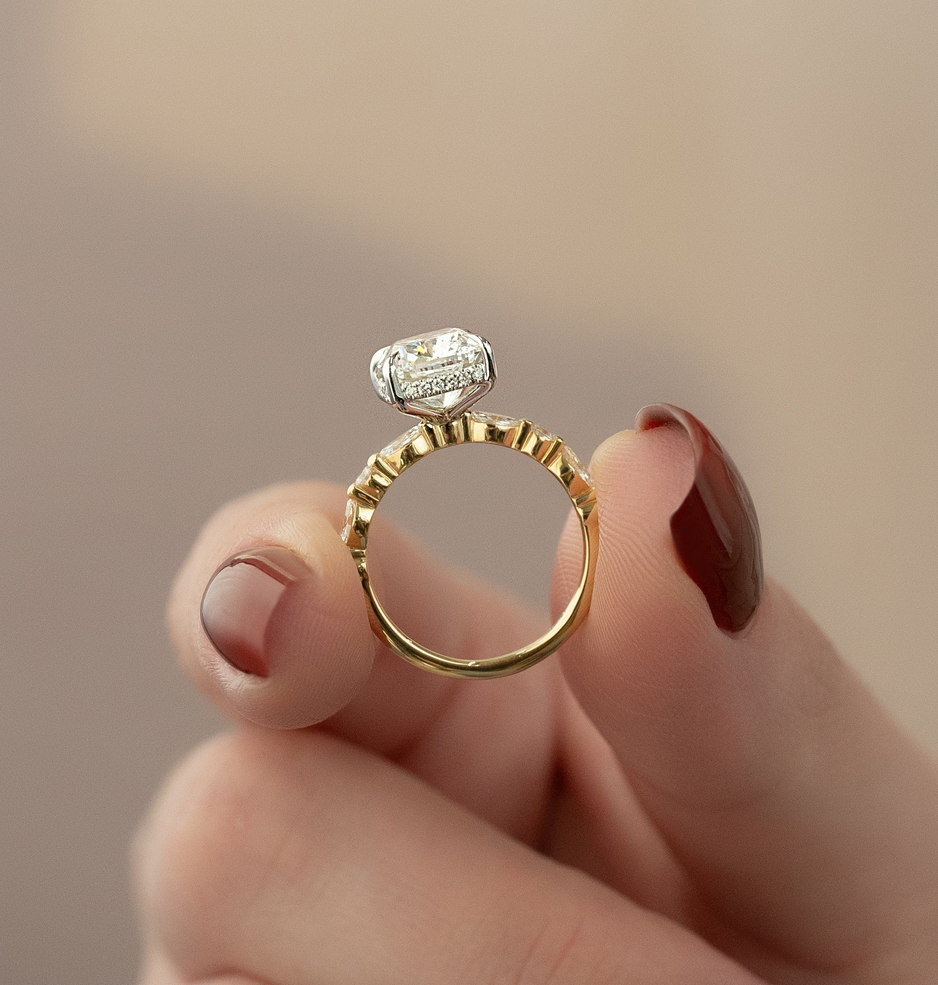 Elongated cushion cut CVD diamond hidden halo engagement ring with pave band in white gold