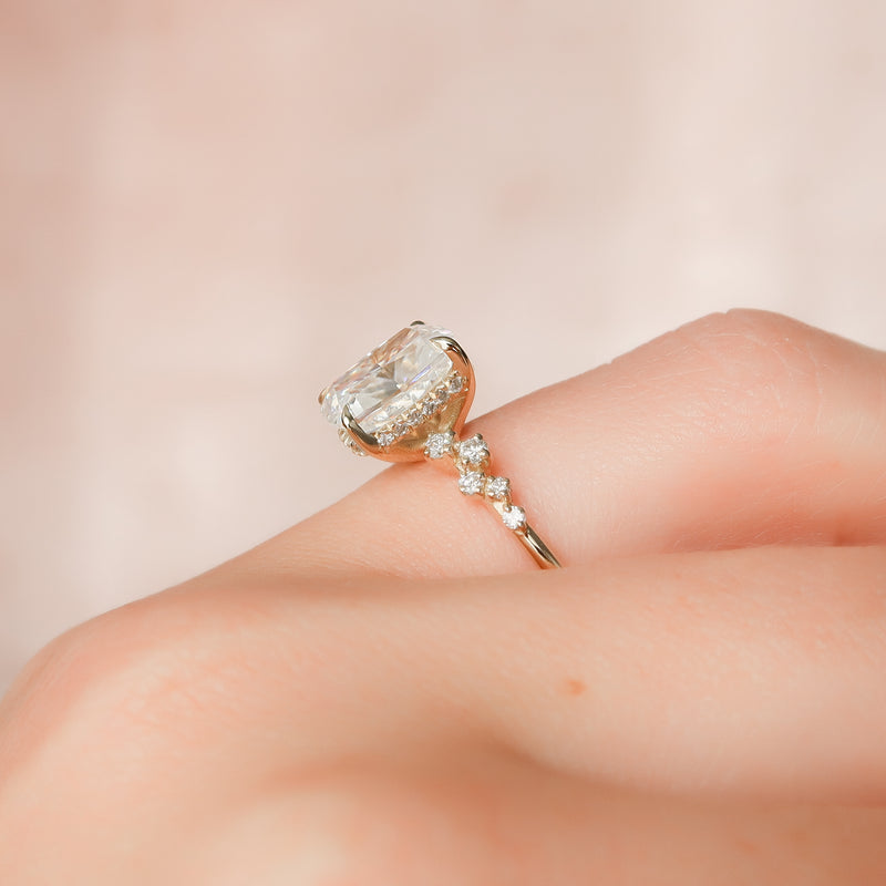 Elongated cushion cut moissanite cluster engagement ring in platinum setting, 2.0-4.0 CT