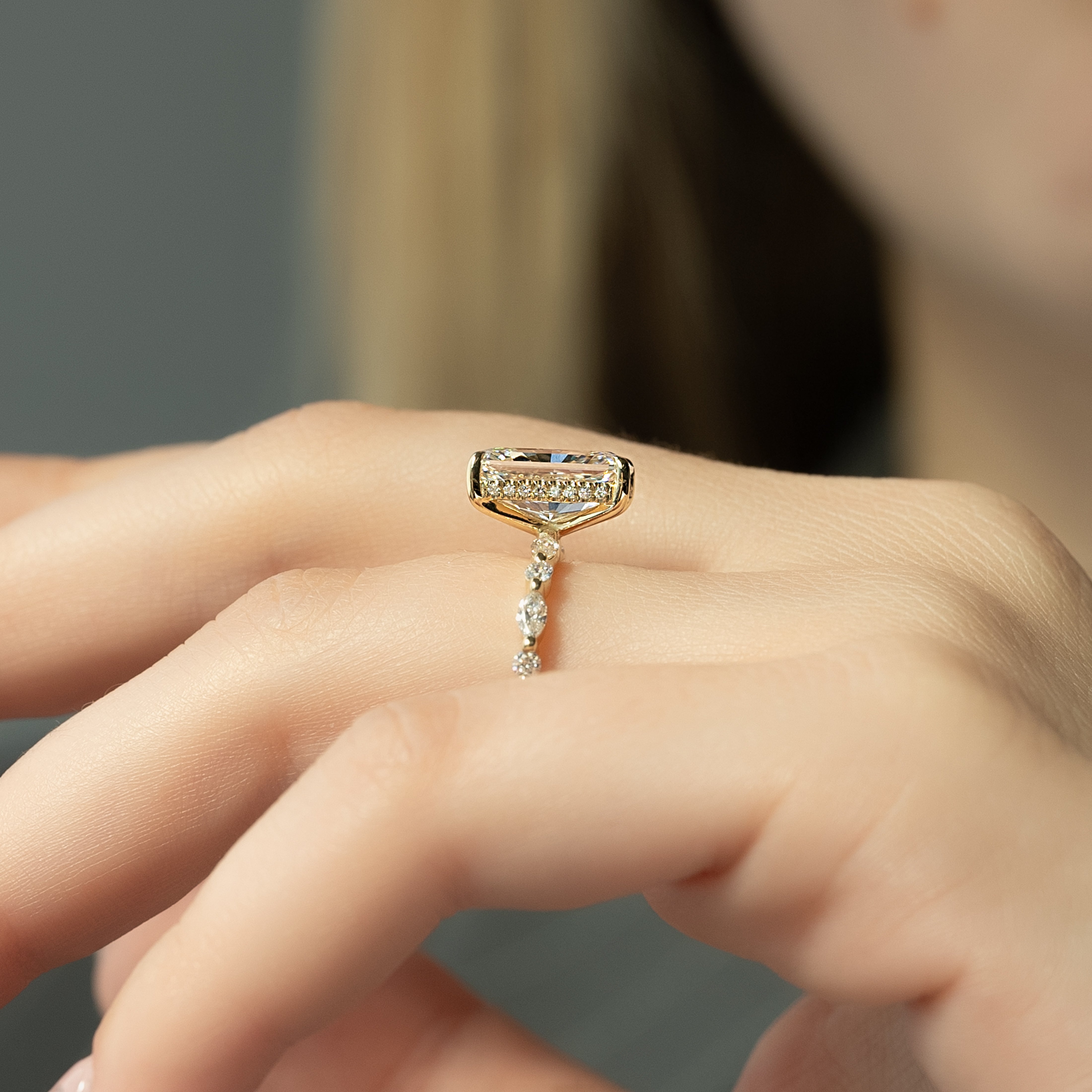 Radiant cut CVD diamond engagement ring with hidden halo and pave setting for a sparkling modern bridal style