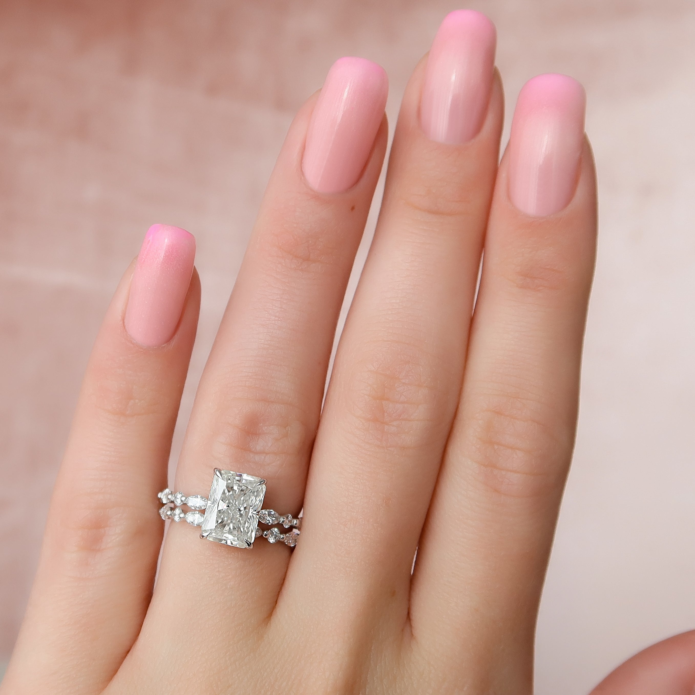 Radiant cut CVD diamond engagement ring with hidden halo and pave setting for a sparkling modern bridal style