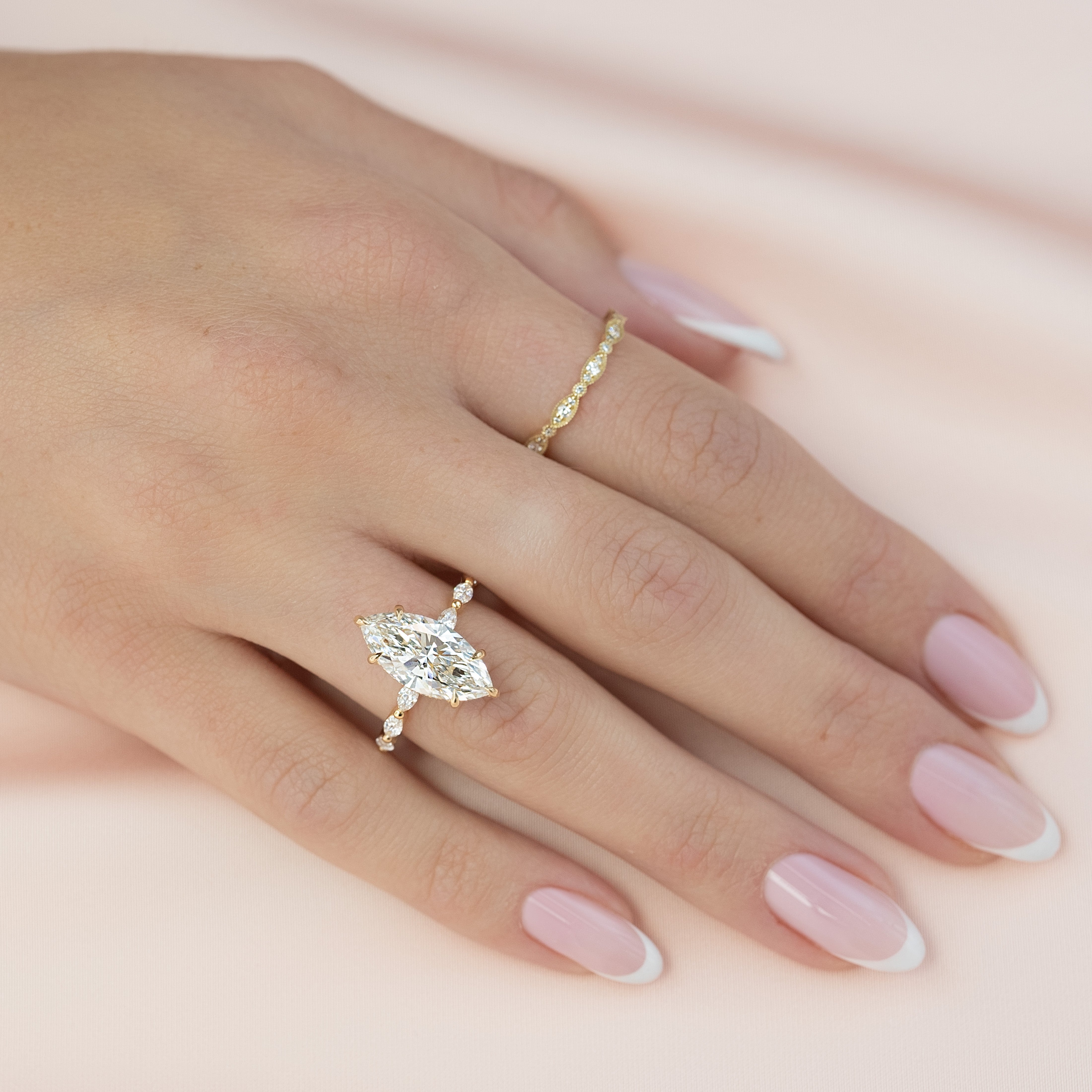 Marquise cut CVD diamond engagement ring with hidden halo and pave band in white gold