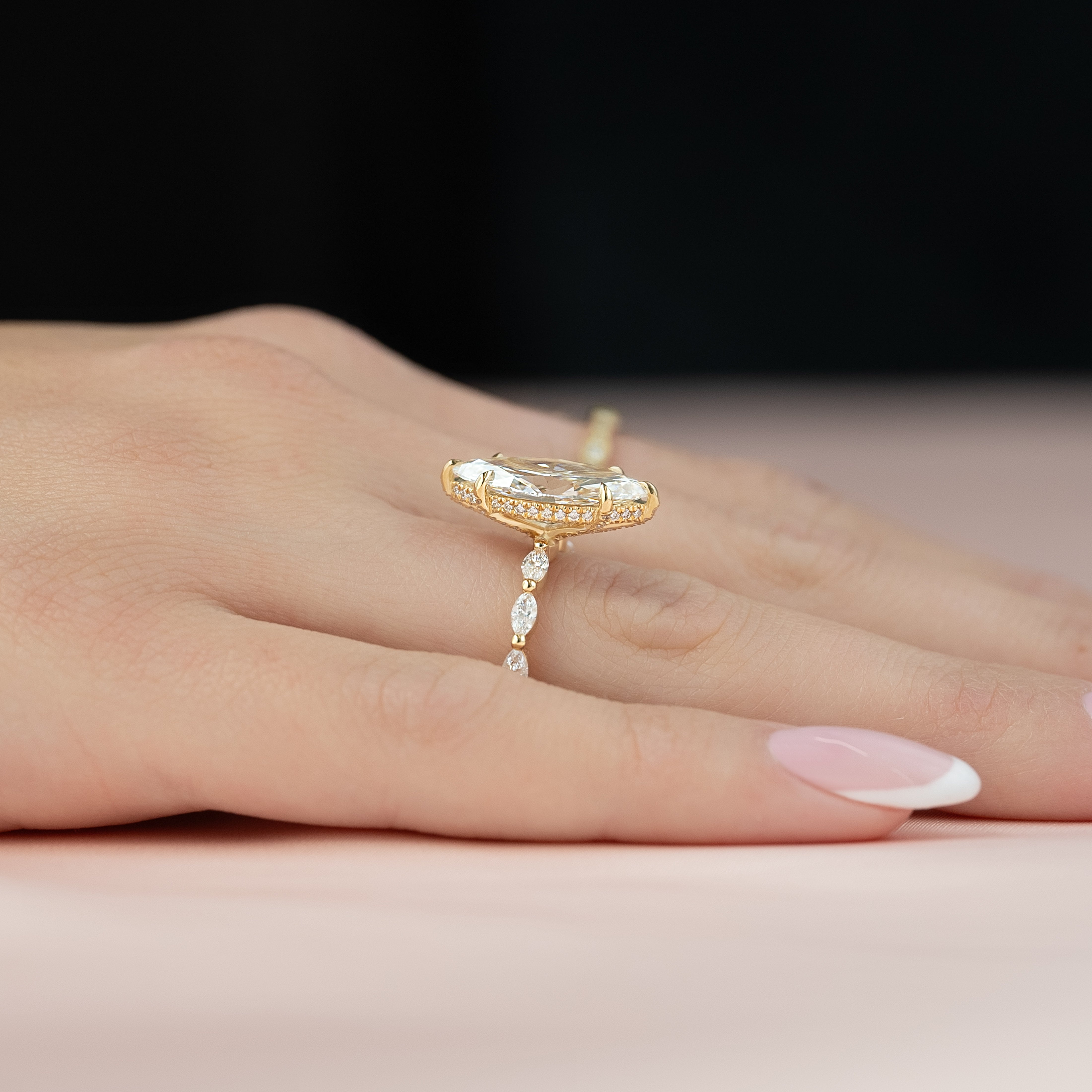 Marquise cut CVD diamond engagement ring with hidden halo and pave band in white gold