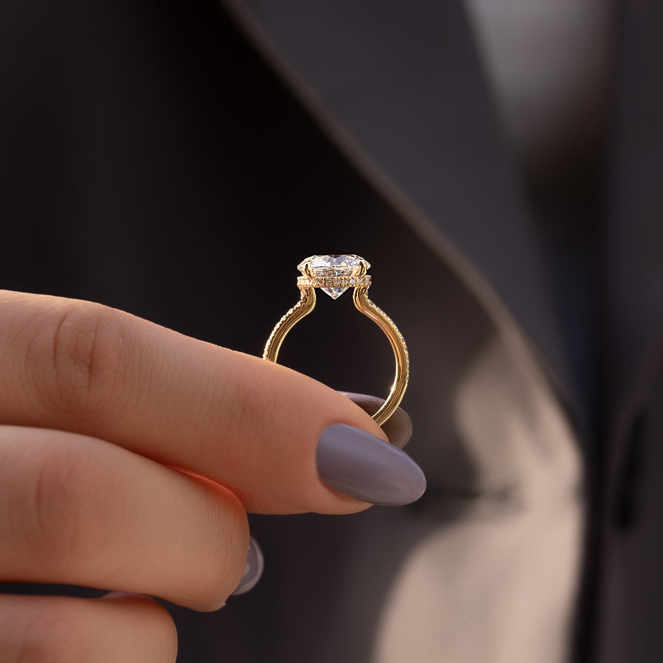 Round cut CVD diamond engagement ring with hidden halo and pave diamond band in white gold