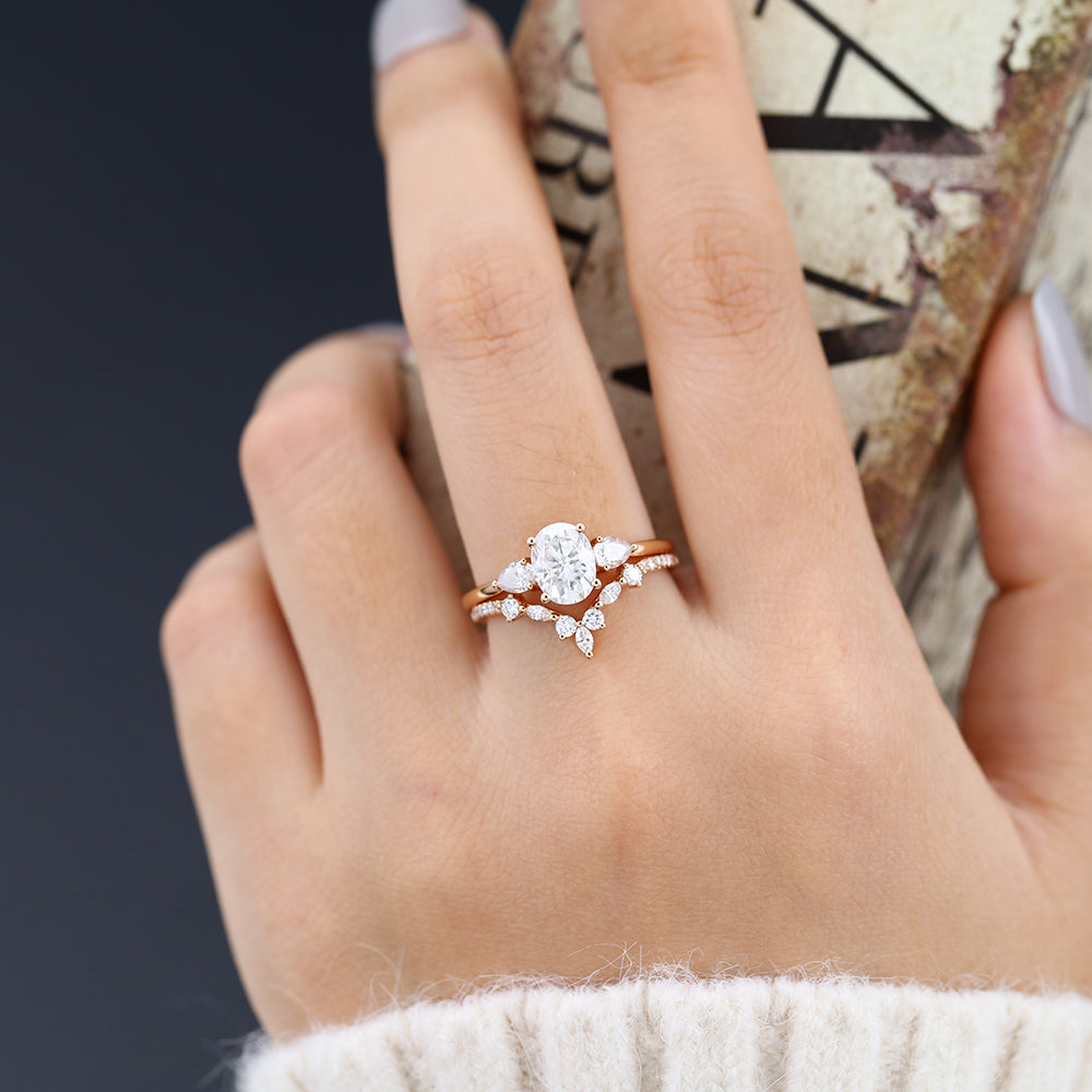 1.33 CT Oval Moissanite Three Stones Bridal Ring Set - Camila Brown