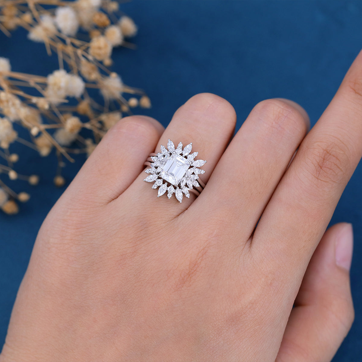 1.60 CT Emerald Shaped Moissanite Cluster Bridal Set - Camila Brown