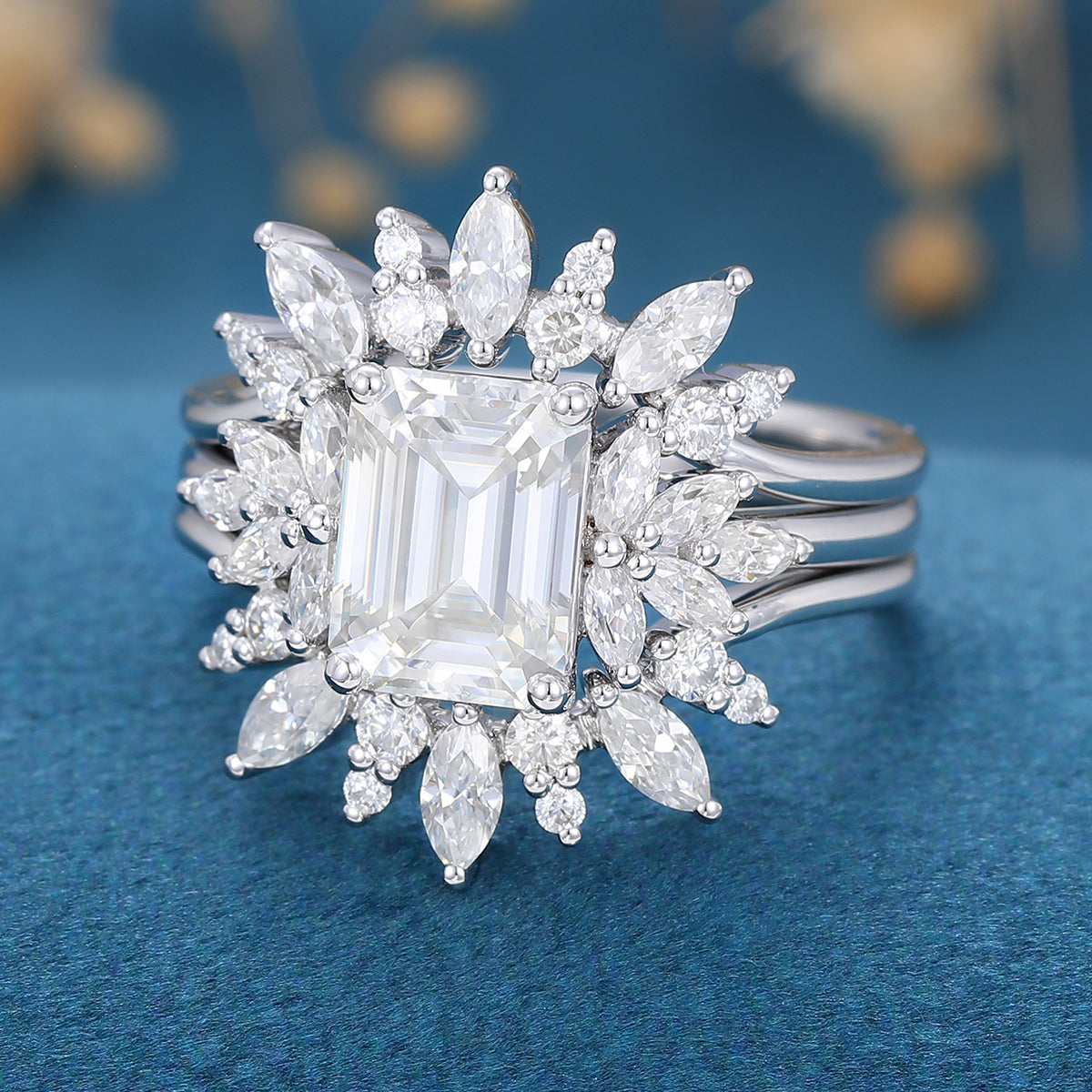 1.60 CT Emerald Shaped Moissanite Cluster Bridal Set - Camila Brown