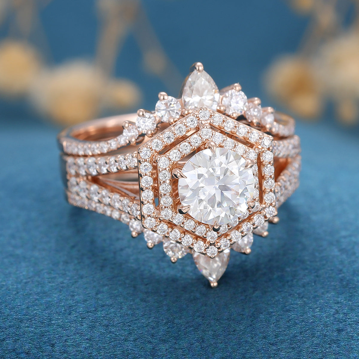 0.88 CT Round Shaped Moissanite Double Halo Bridal Set - Camila Brown