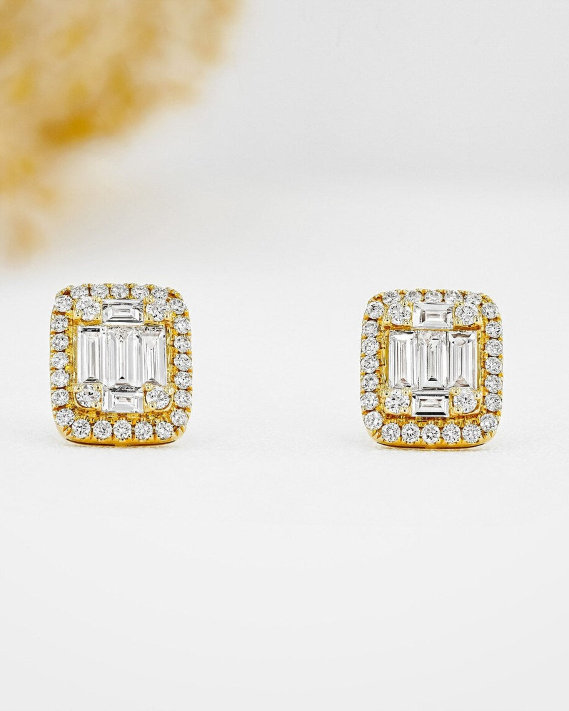 1.30 TCW Round & Baguette Moissanite Diamond Halo Stud Earrings - Camila Brown