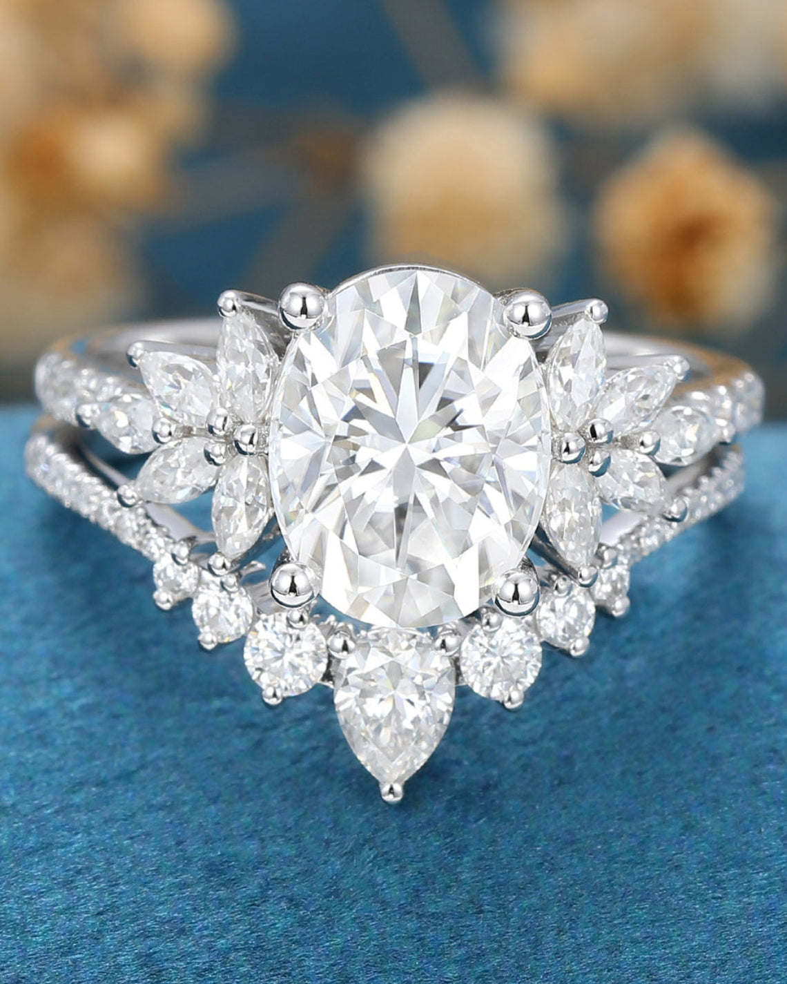 1.33 CT Oval Shaped Moissanite Cluster Bridal Set - Camila Brown