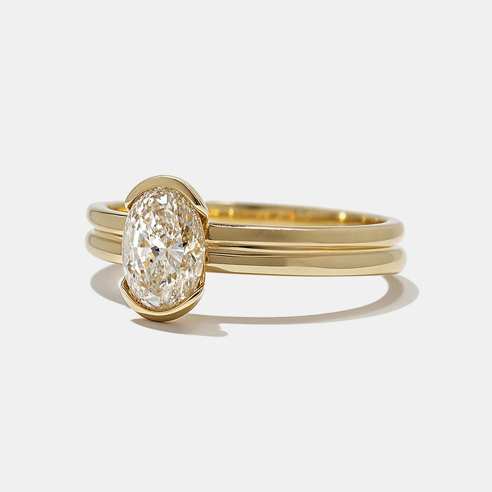 0.75 -2.50 CT Oval CVD Diamond Half Bezel Engagement Ring