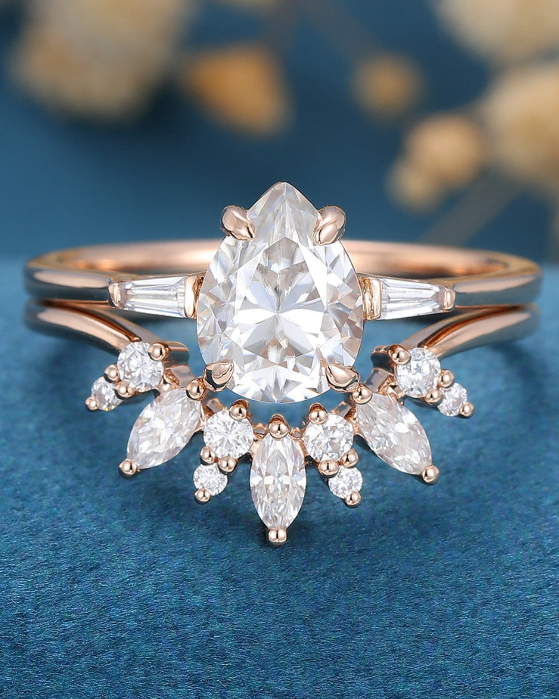 1.0 CT Pear Shaped Moissanite Three Stone Bridal Set - Camila Brown