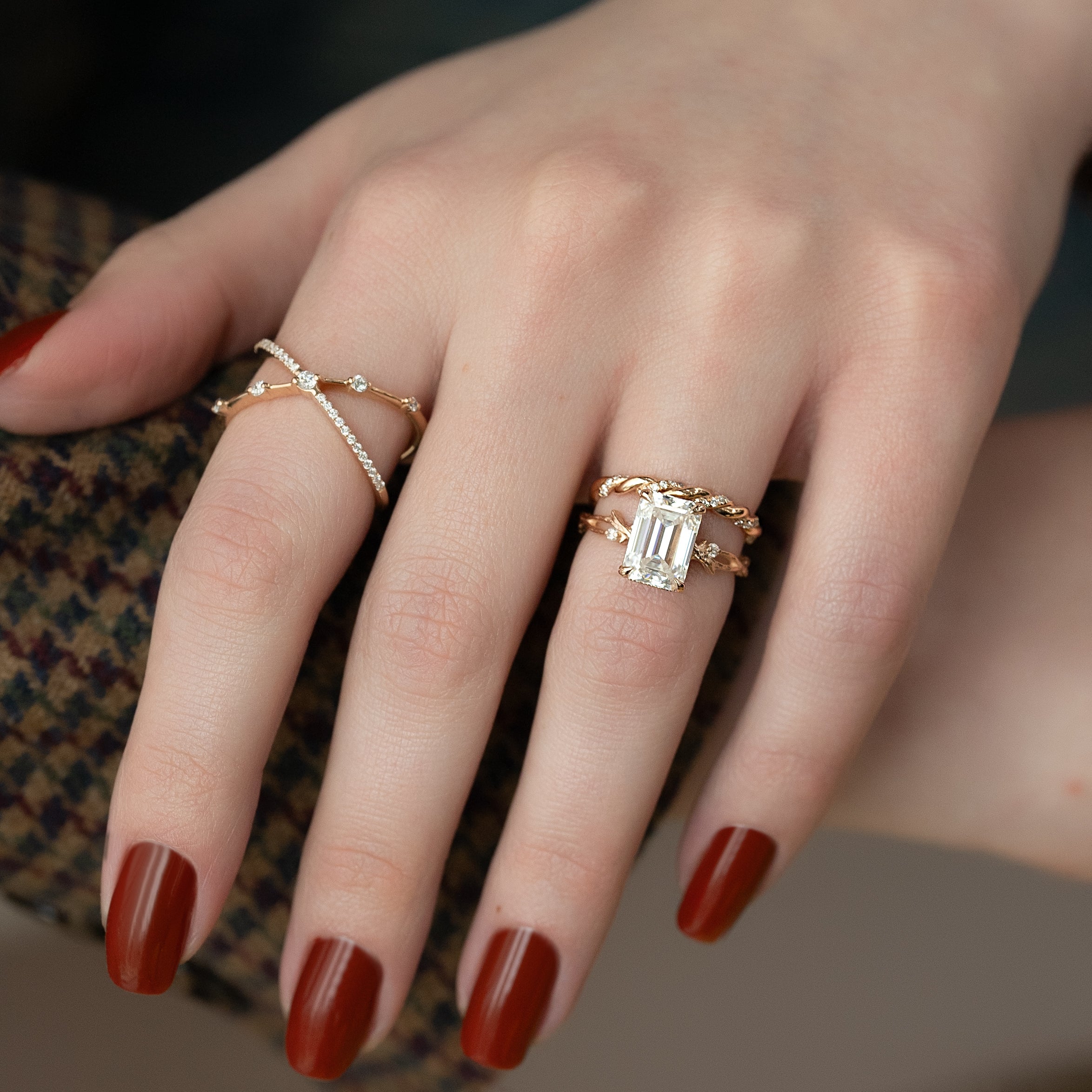 1.0 - 3.0 CT Emerald Cut Lab Grown Diamond Twig Setting Engagement Ring