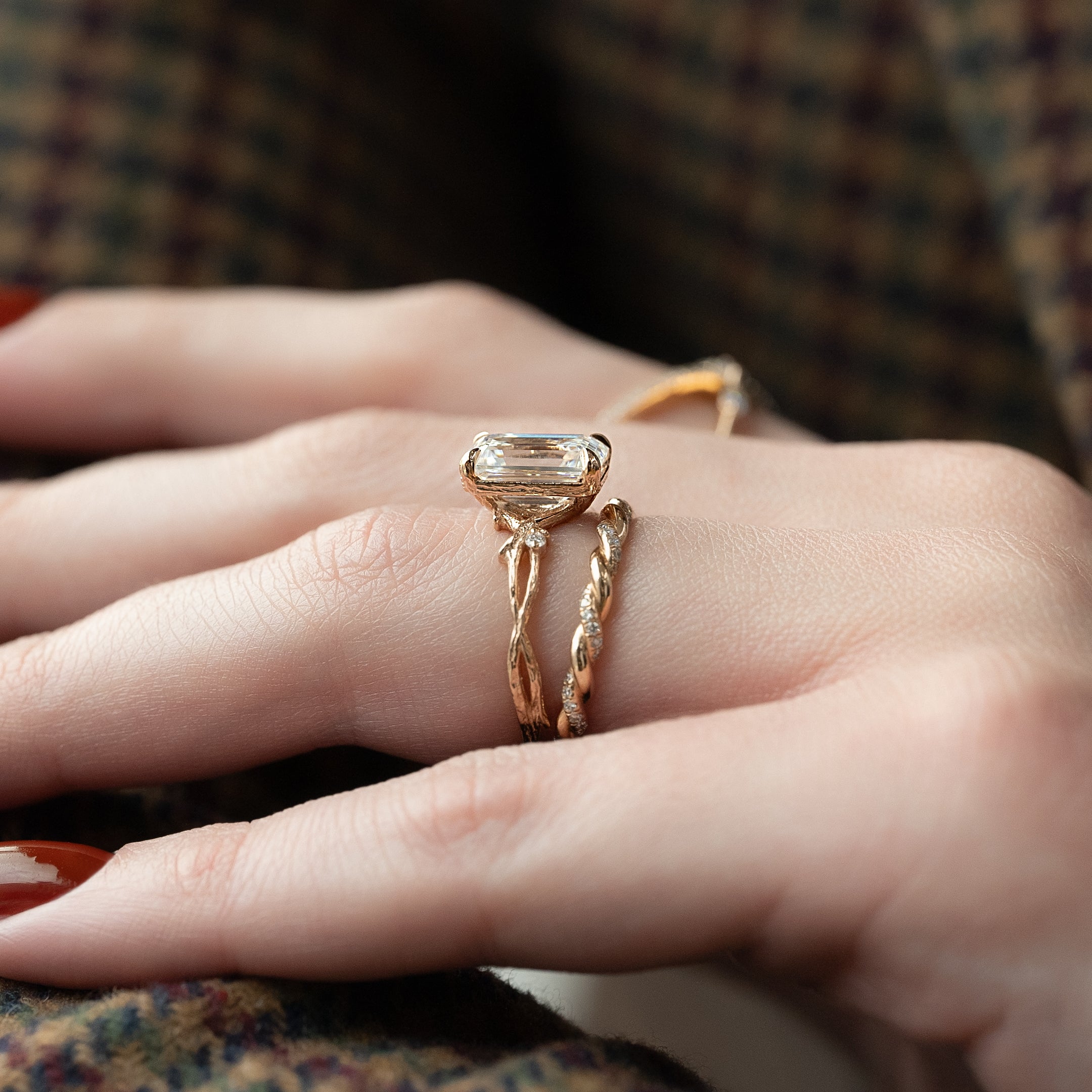 1.0 - 3.0 CT Emerald Cut Lab Grown Diamond Twig Setting Engagement Ring