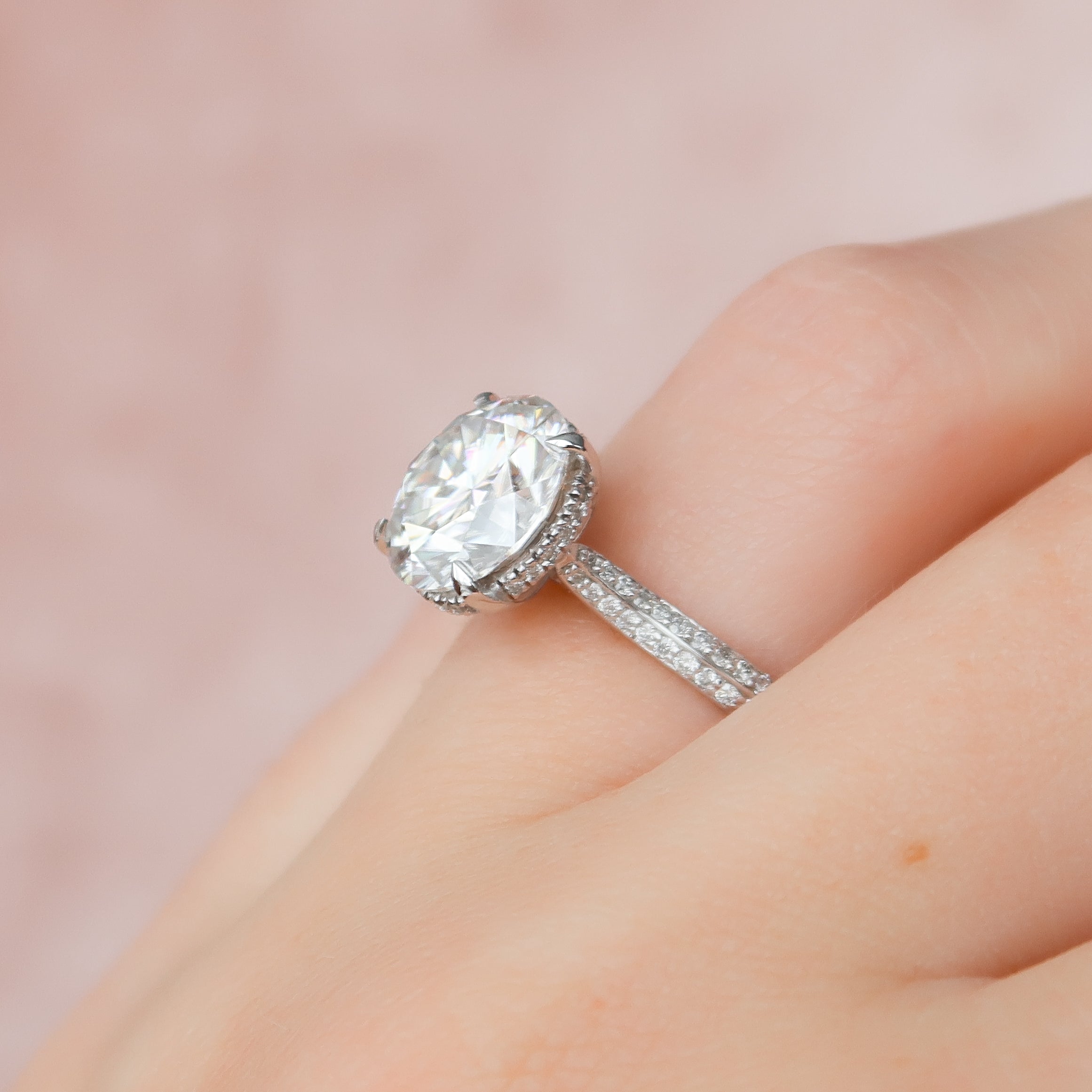 Round cut CVD diamond hidden halo and pave engagement ring in white gold