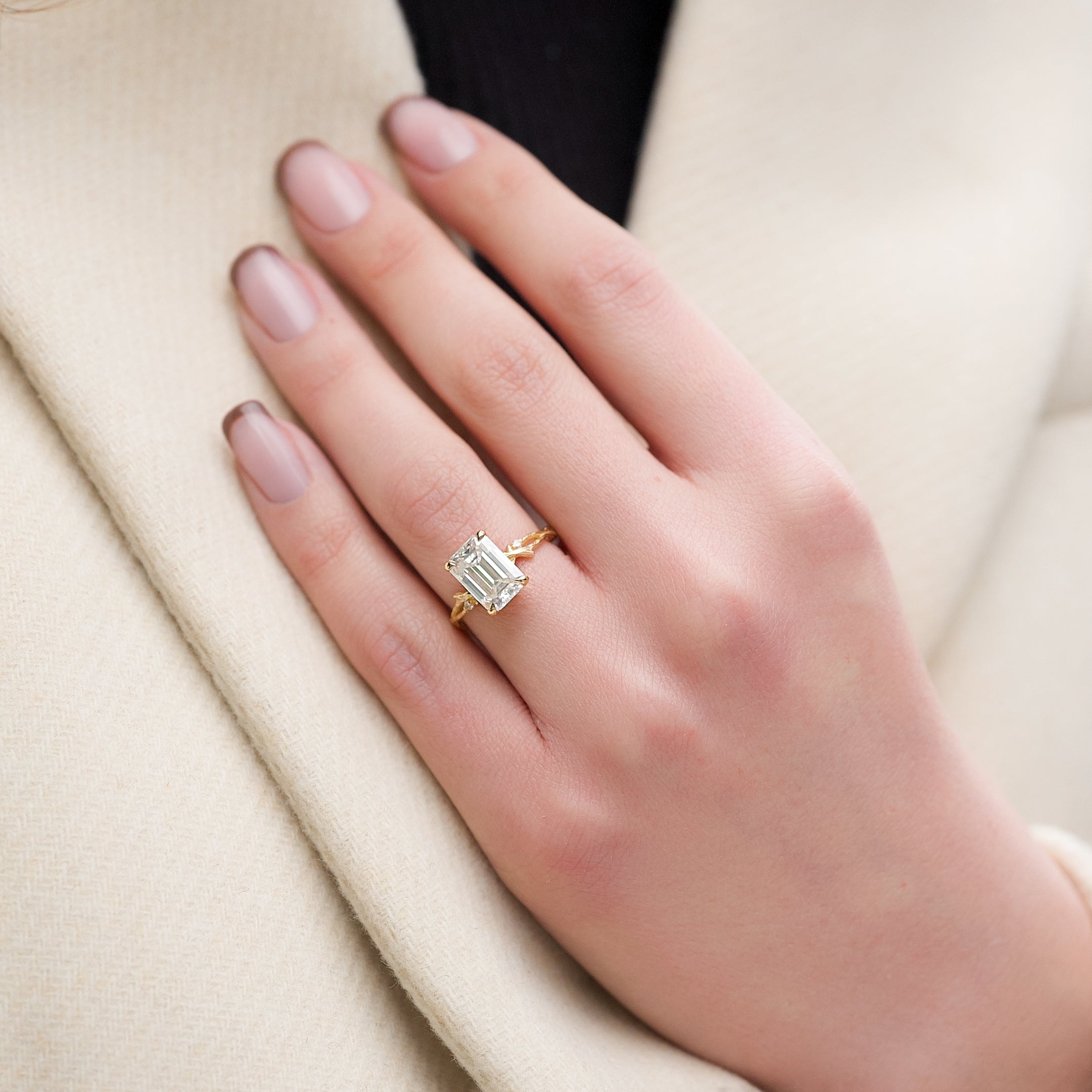 1.0 - 3.0 CT Emerald Cut Lab Grown Diamond Twig Setting Engagement Ring