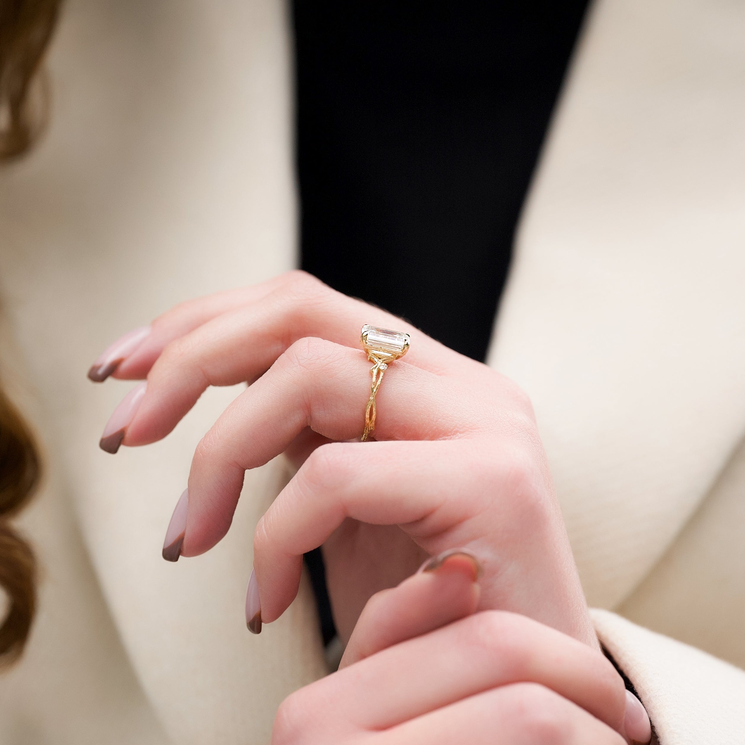 1.0 - 3.0 CT Emerald Cut Lab Grown Diamond Twig Setting Engagement Ring