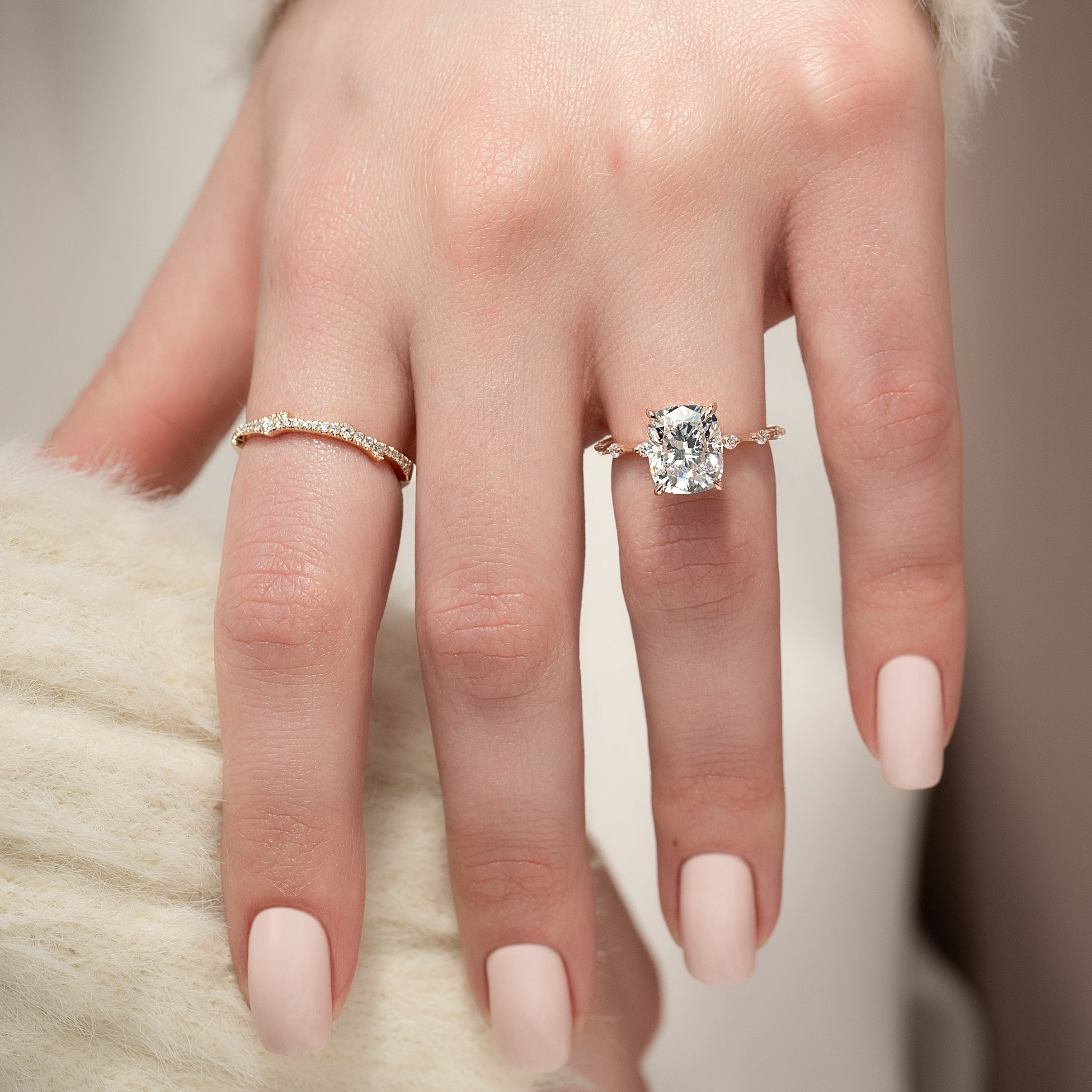 Elongated cushion cut CVD diamond dainty engagement ring with delicate band