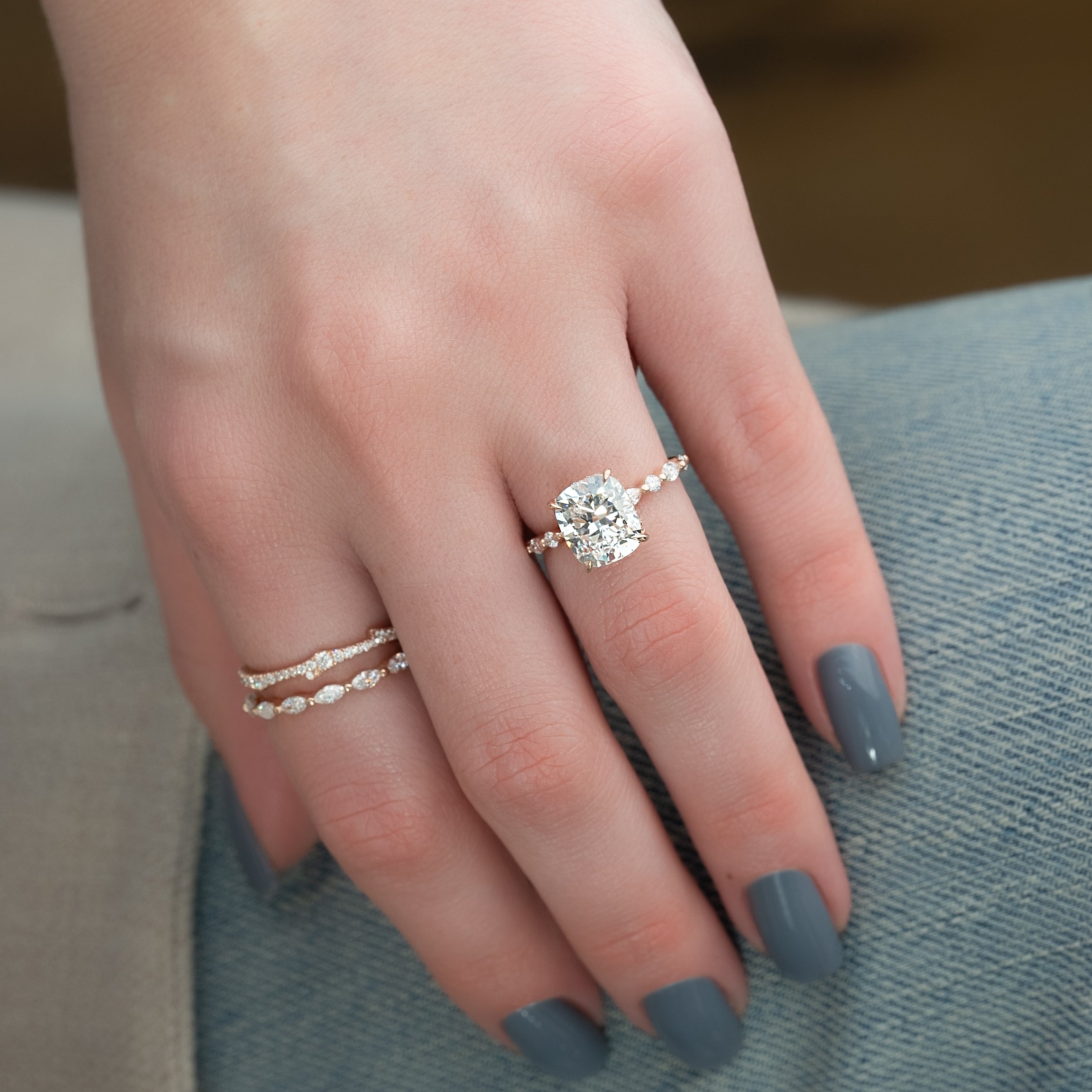 Elongated cushion cut CVD diamond hidden halo engagement ring with pave band in white gold