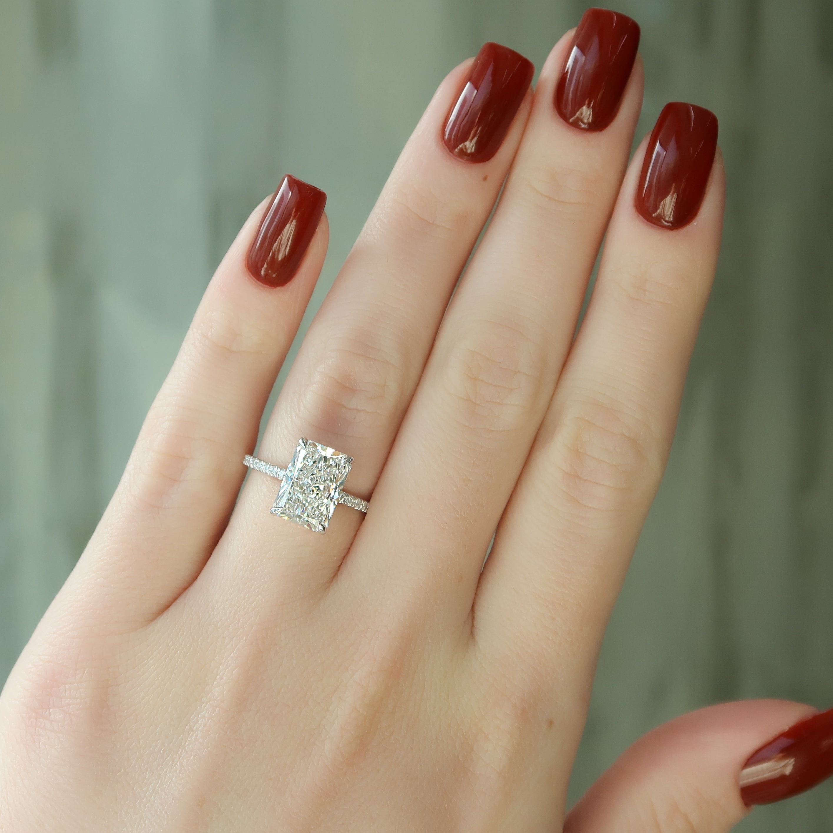 Radiant cut CVD diamond engagement ring with pave diamond band in platinum setting