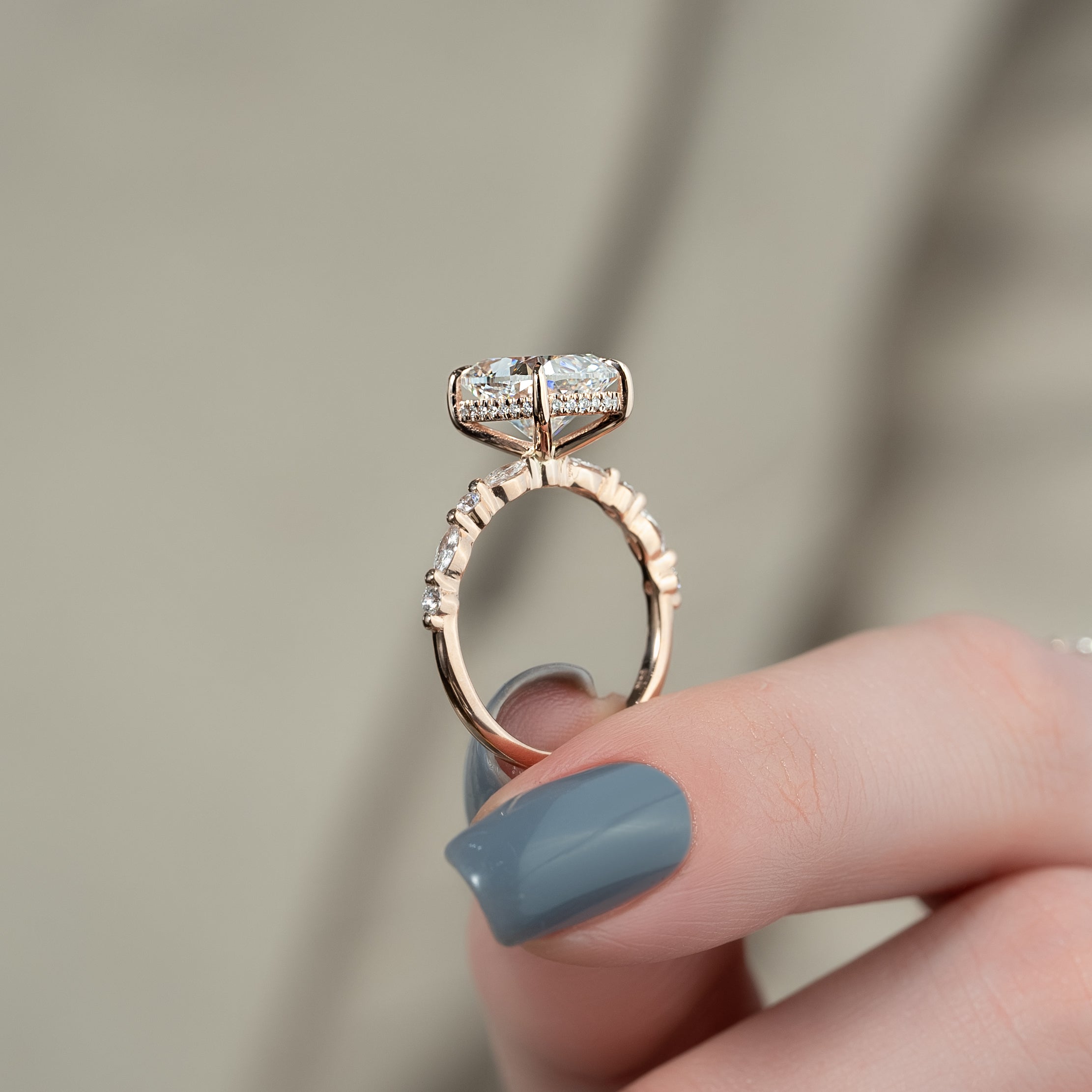 Elongated cushion cut CVD diamond hidden halo engagement ring with pave band in white gold