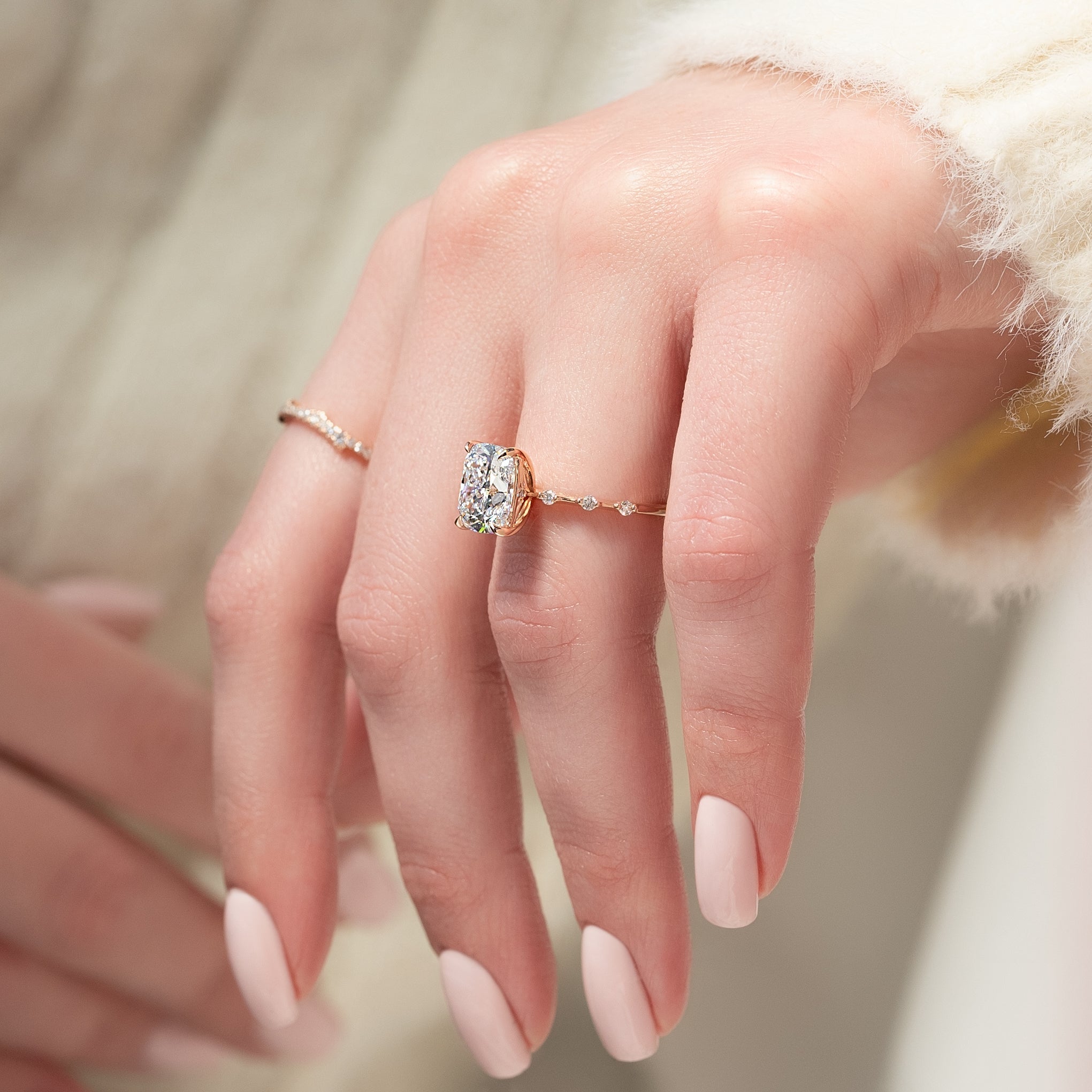 Elongated cushion cut CVD diamond dainty engagement ring with delicate band