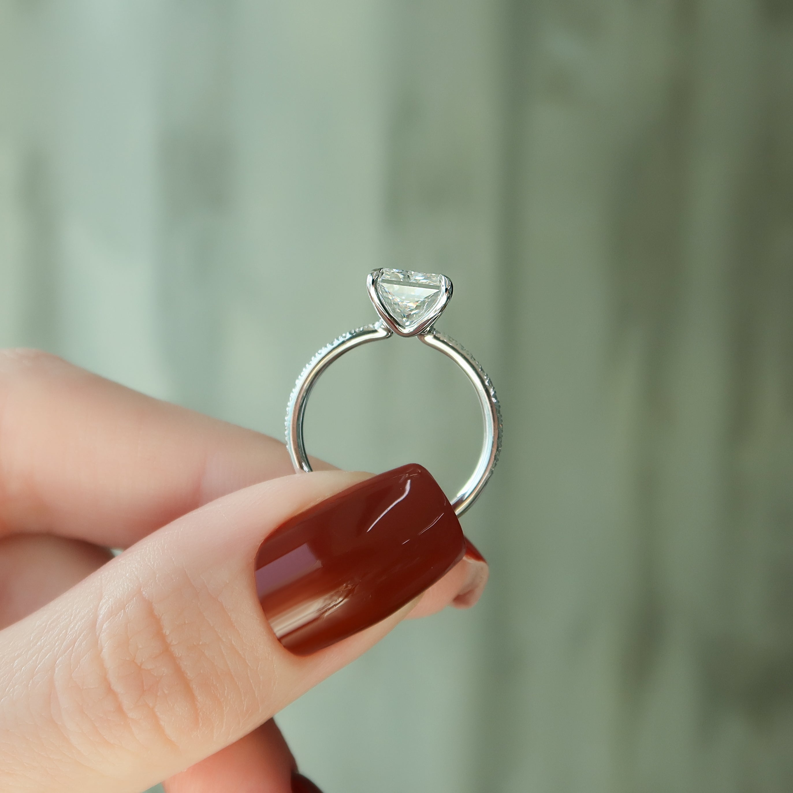 Radiant cut CVD diamond engagement ring with pave diamond band in platinum setting